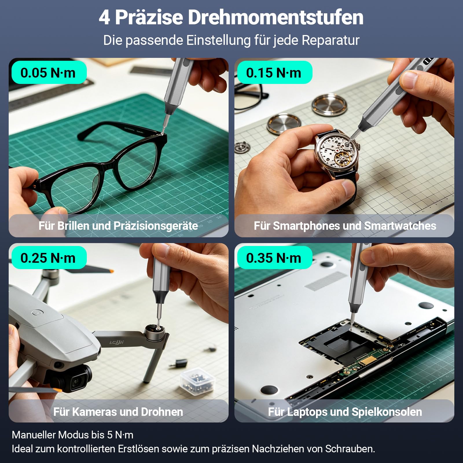 Elektrischer Präzisionsschraubendreher, Schraubendreher Set mit 48 S2 Bits | 48 S2-Bits · 4 Drehmomentstufen bis 0,35 N·m · Manuell bis 5 N·m · Magnetisches Push-to-Pop-Bitmagazin · USB-C