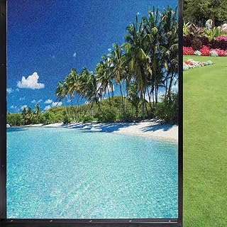 Ocean Window Film Static Cling FilRelaxing Beach Resort Spa Palm Tree and Sea Exotic Caribbean Coastline Window Film Privacy Tint for Bathroom Office Living RooTurquoise Blue Green 24inx36in