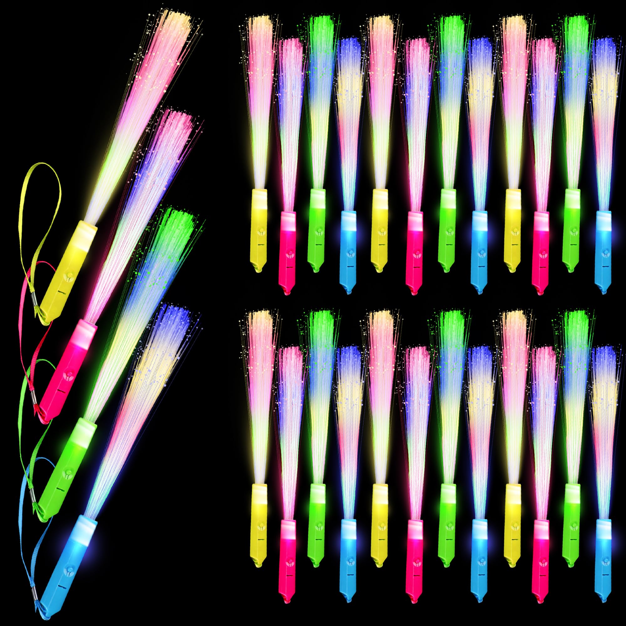 Swakuta 28 Pcs Fiber Optic Wand Glow Fiber Wands Sticks Bulk Light up Wand Flashing Wands Fiber Optic Stick Glow in The Dark Wands for Wedding Birthday Halloween New Year Party (Color Set 2)