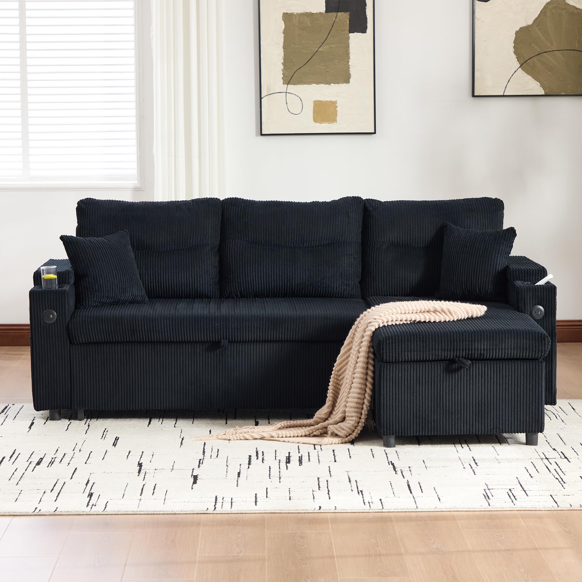 Sofá convertible con sofá cama modular en L con cama nido y chaise longue de almacenamiento, sofá esquinero convertible de 3 plazas con 2 portavasos y puertos USB para sala de estar, cine en