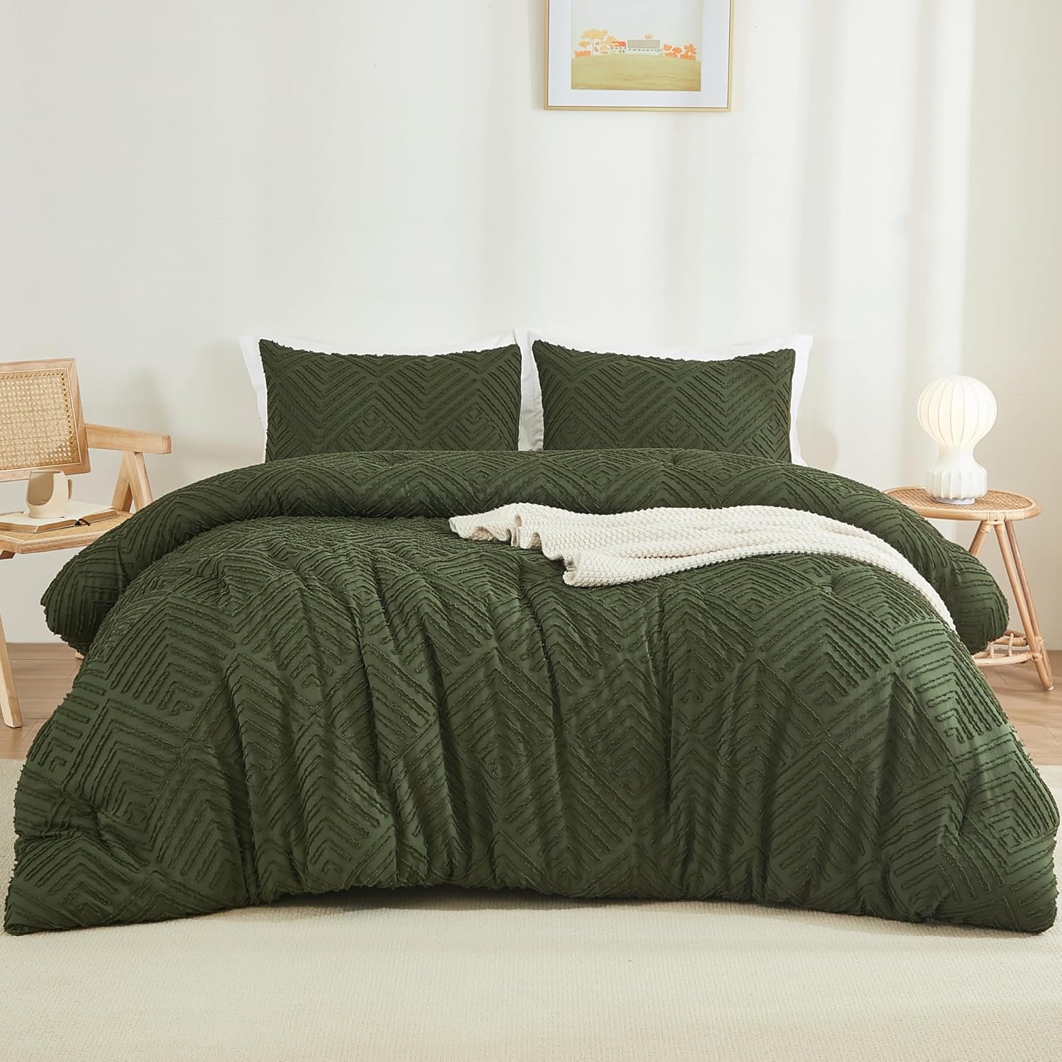 Litanika Olive Green Queen Comforter Set, 3 Pieces Tufted