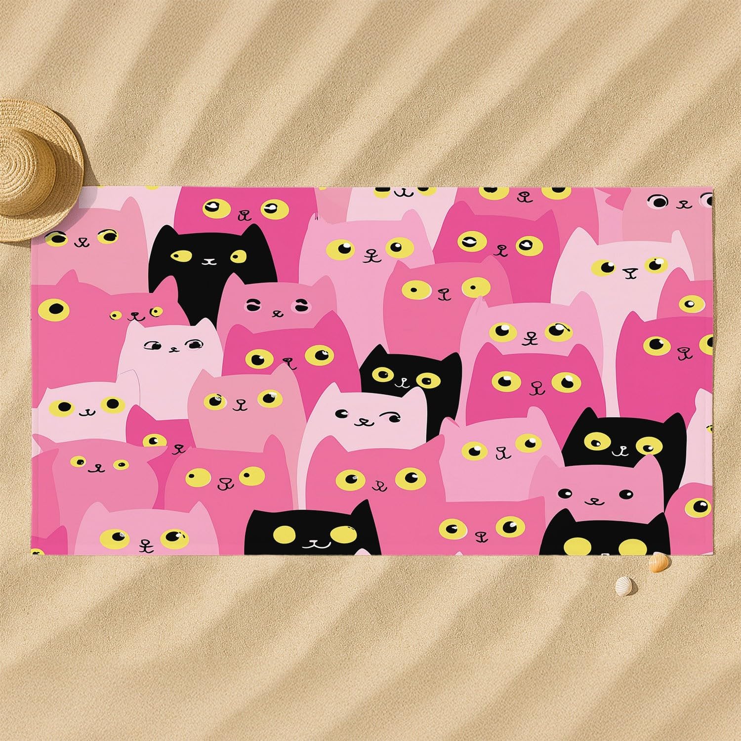 Générique Serviette de Plage Microfibre 200 x 100 CM,Drap de Plage Espiègle, Mignon, Dessin animé, Couverture de Plage Absorbante,Couverture de Bain Chat Rose