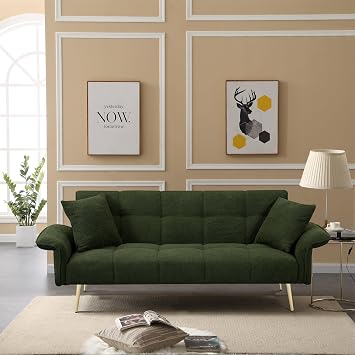 70" Teddy Fleece Futon Sofa Bed with 2 Pillows and Adjustable Armrests, Convertible Sleeper Bed W/Adjustable Backrests, Modern Loveseat for Living Room, Bedroom Green