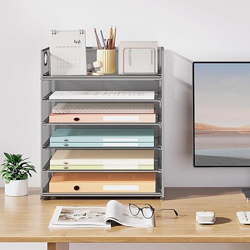 Miniatura 7 de Subekyu Organizador de papel de 6 niveles para escritorio con asa, de malla metálica, carpeta de archivos de oficina, bandeja de papel, organizador
