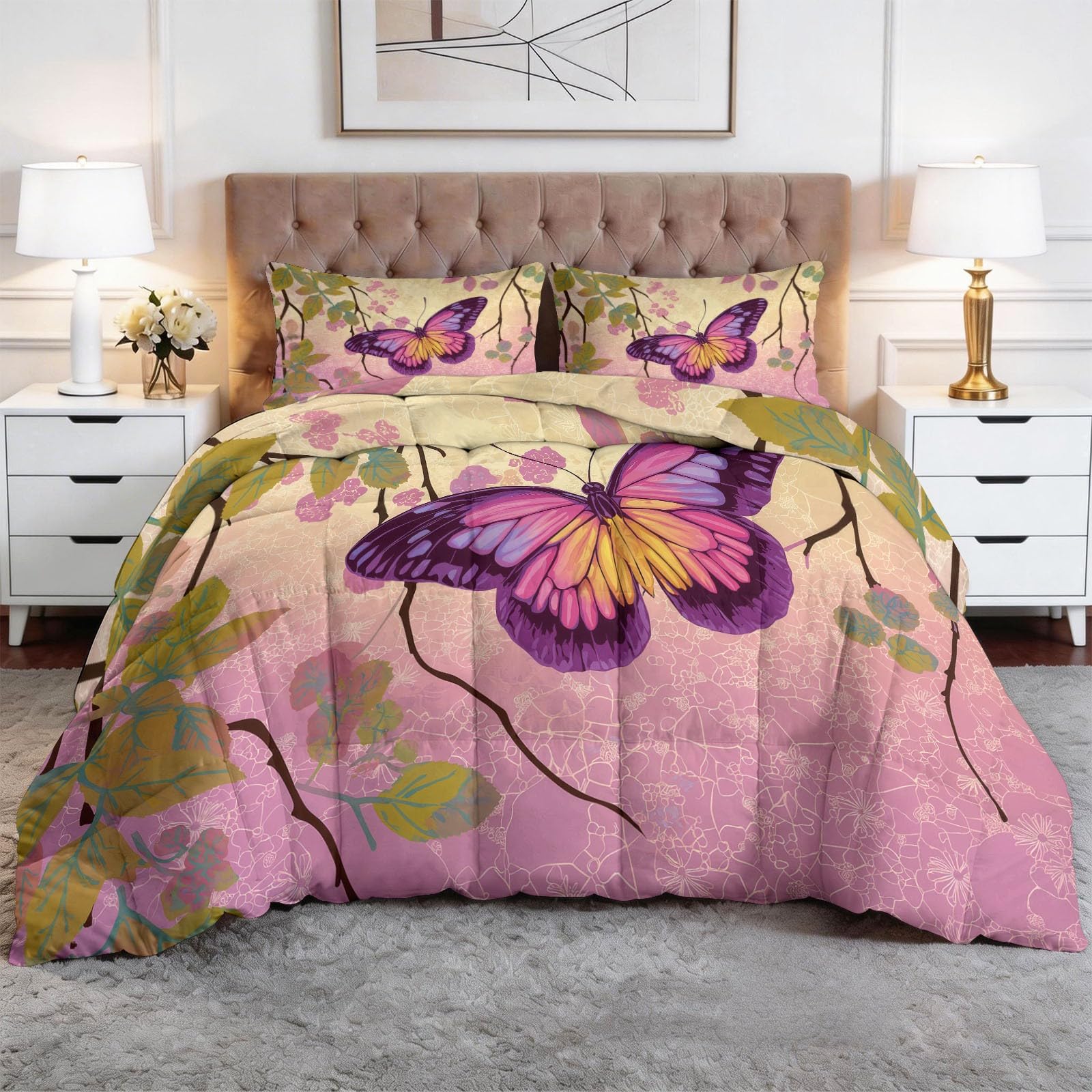 Small Double Coverless Duvet Romance Animals Butterflies Vines, Pink Summer Hypoallergenic Duvet, Cosy and Lightweight Quilt, Reversible Comforter with 2 Pillowcases