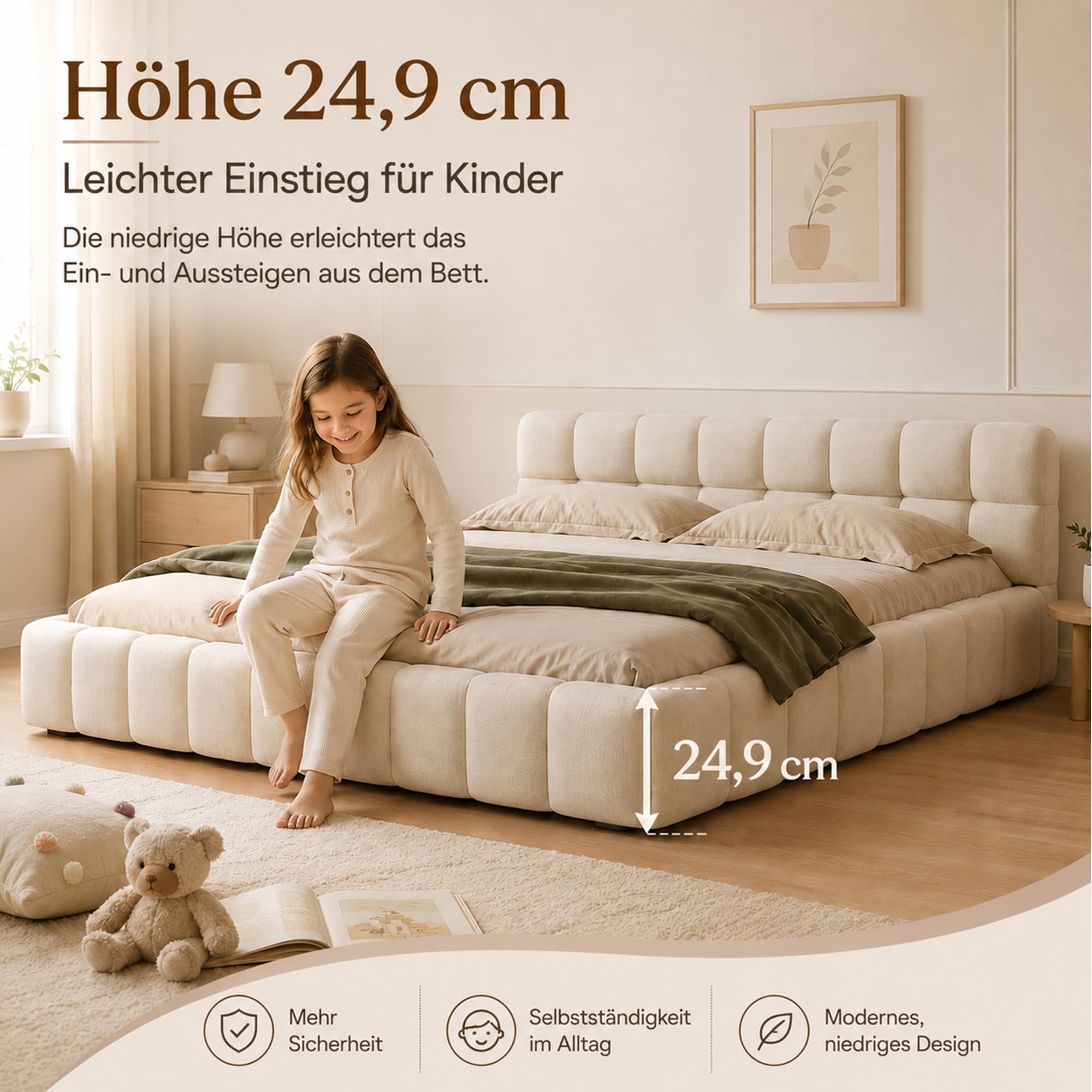 DULRLLY Bubble Bett 140x200, Bett 140x200 mit Lattenrost, Jugendbett mit Gepolstertes Kopfteil, Bettgestell für Schlafzimmer und Gästezimmer, ohne Matratze, Leinenstoff (Beige)