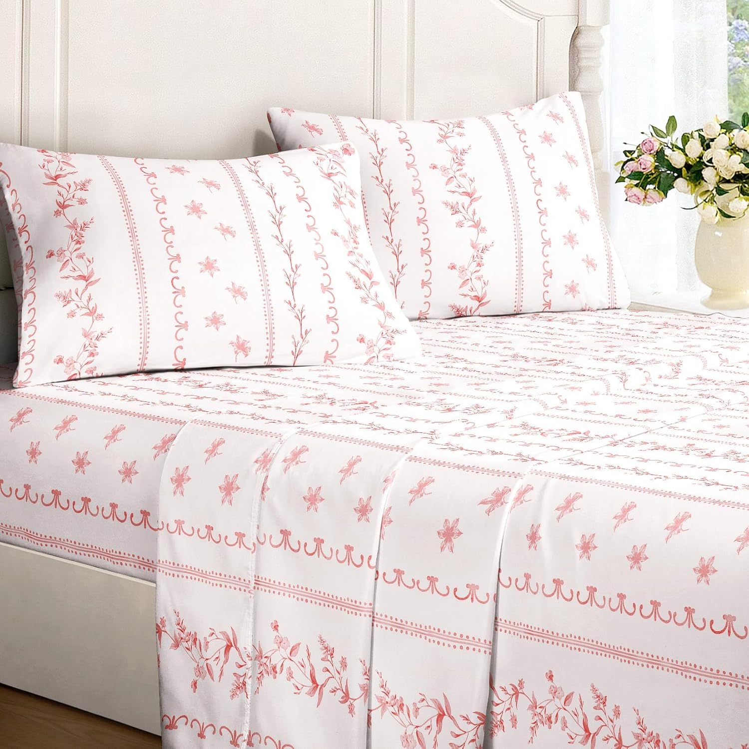 Wake In Cloud - Shabby Chic Bed Sheets, 4-Piece Sheet Set, Floral Botanical Stripe Pattern Printed Cottagecore Coquette Vintage Bedding, Deep Pocket, Green White, Queen Size