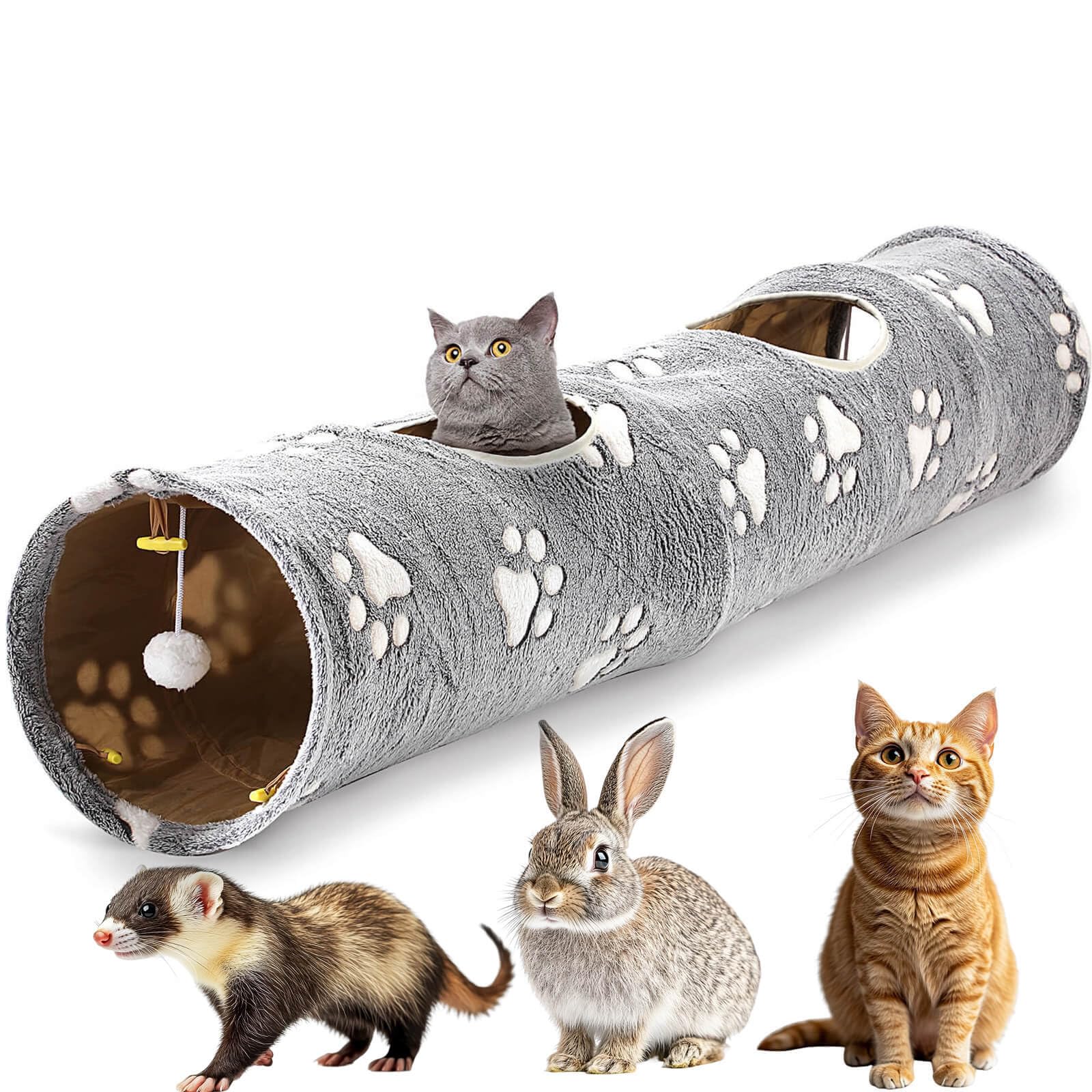 Cat Tunnel Tubes with Plush Ball Toys Foldable, Collapsible 10in Large Calibre Cat Tunnels for Indoor Cats, Rabbits, Kittens, Ferrets - Paw Print