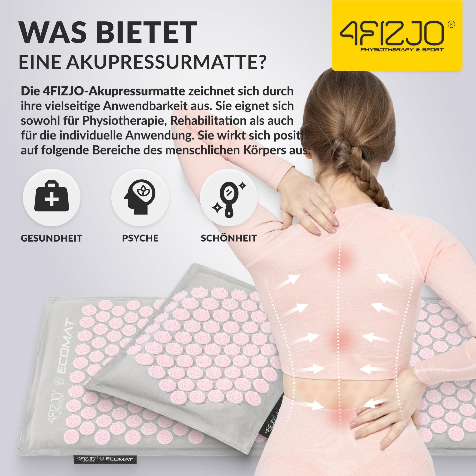 4FIZJO Akupressurmatte & Kissen ECO XL, 110x42x2 cm, mit Tragetasche, Umweltfreundliche Materialien, 9750 Stacheln, Massagematte für bessere Durchblutung, Muskeln Entspannung, Farbe: Grau und Rosa