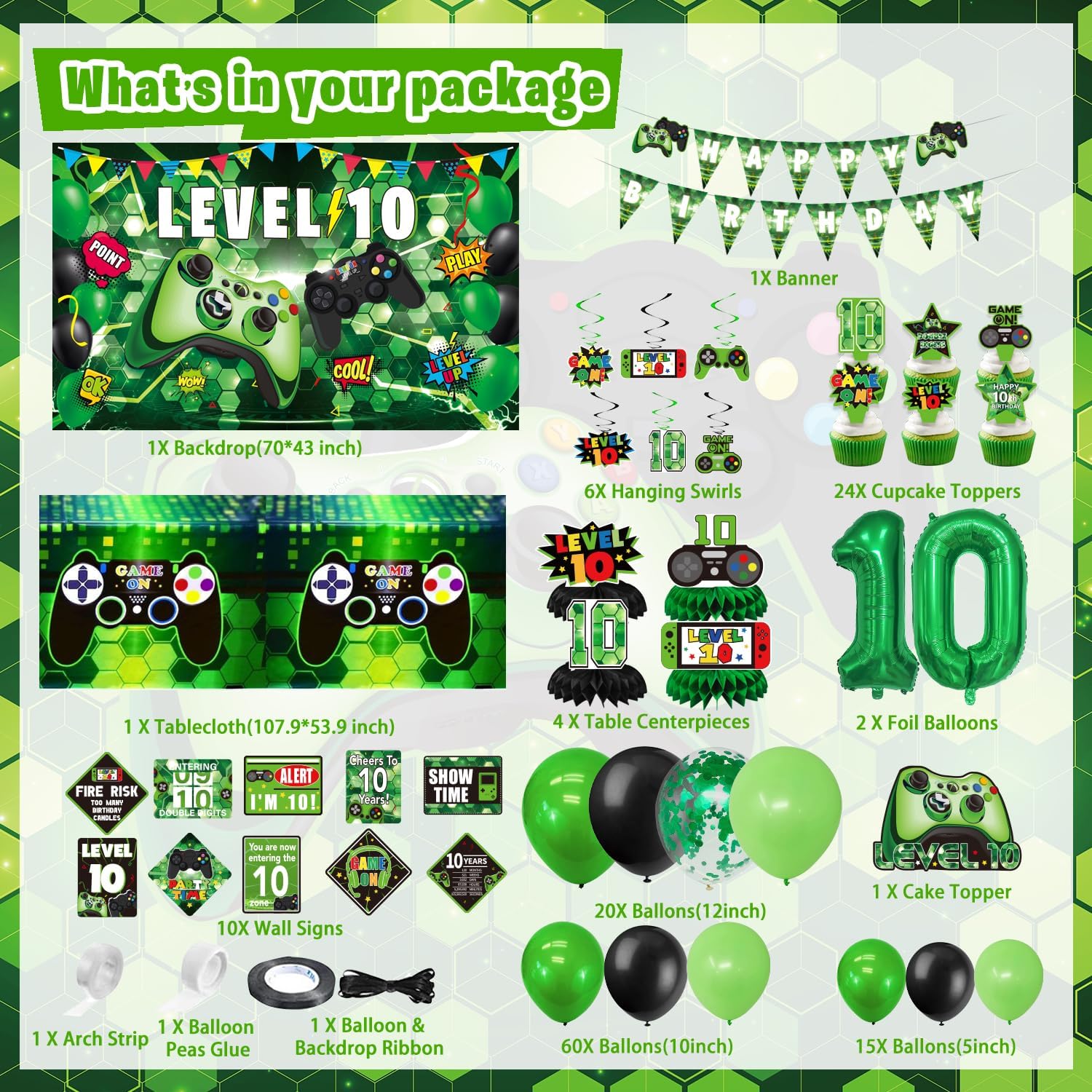10th Birthday Decorations for Boys, Green Video Game level 10 Party Decor image 2