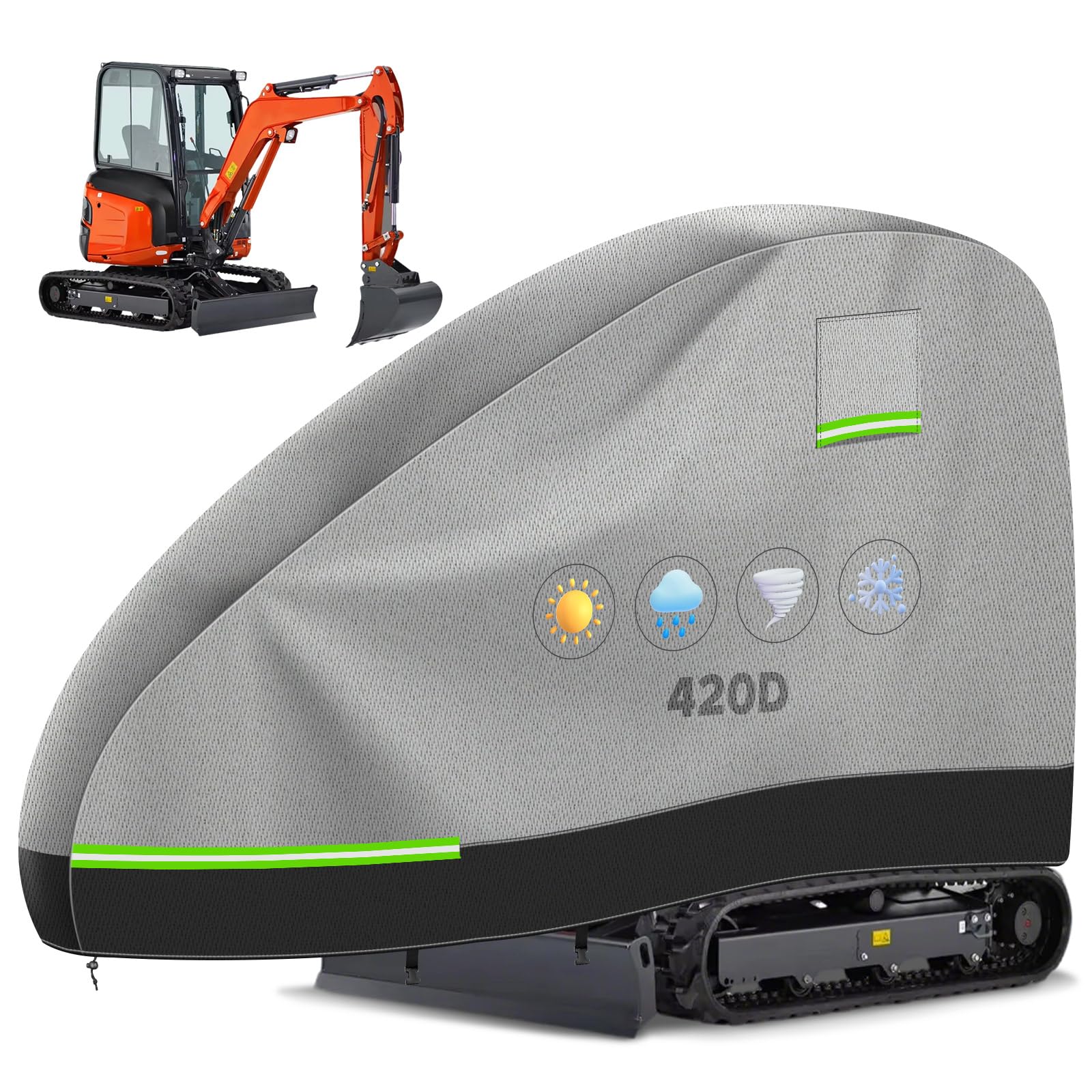 Housse Mini Excavatrice, 420D PU Imperméable Respirante pour 800-1600kg avec Fenêtre d'Aération, Fermeture éclair, Réflecteurs, Boucles Coupe-Vent et Cordon de Serrage, Bâche D'Excavatrice