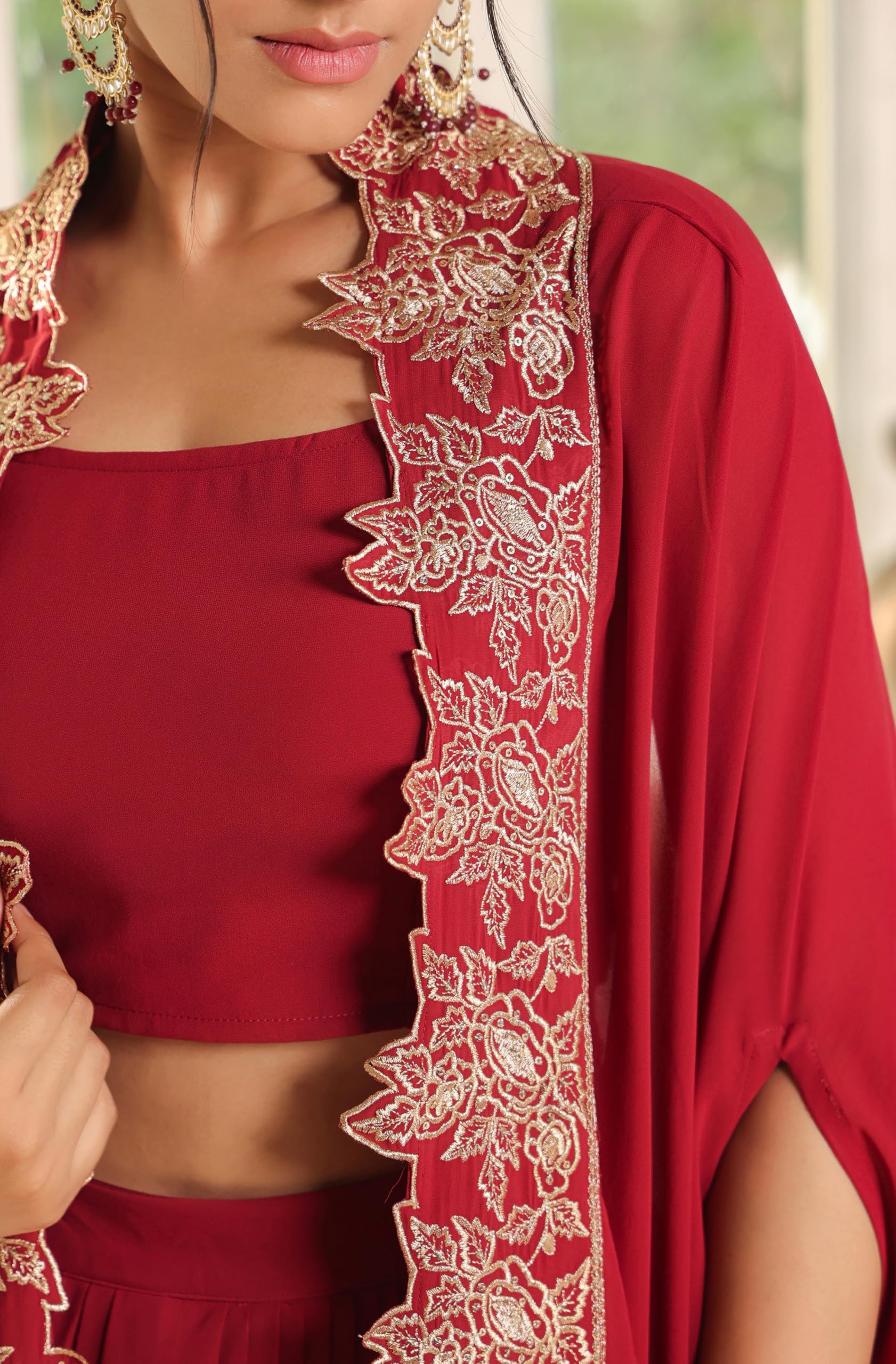 Janasya Women's Georgette Zari Embroidered Crop Top With Skirt & Cape Set product image 8