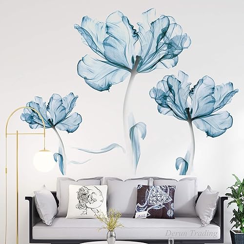 Vista 13 de DERUN TRADING Calcomanías de pared de flores de rosa azul, calcomanías de decoración murales para mujeres y niñas, cuarto de bebé, dormitorio