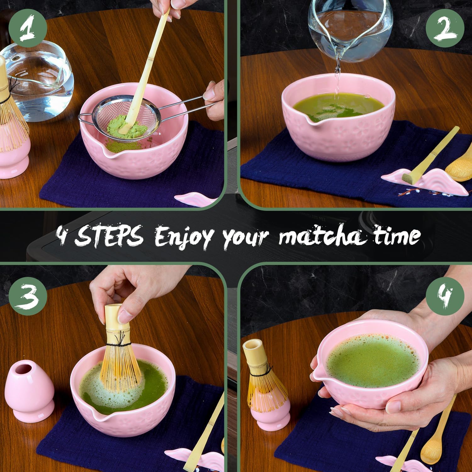Matcha Whisk Set Pink, 8Pcs Matcha Set Kit include Matcha Bowl, Matcha Whisk and Holder, Bamboo Scoop, Scoop Rest, Sifter and Tea Towel, Matcha Whisk and Bowl Set for Matcha Lovers and Beginers thumbnail