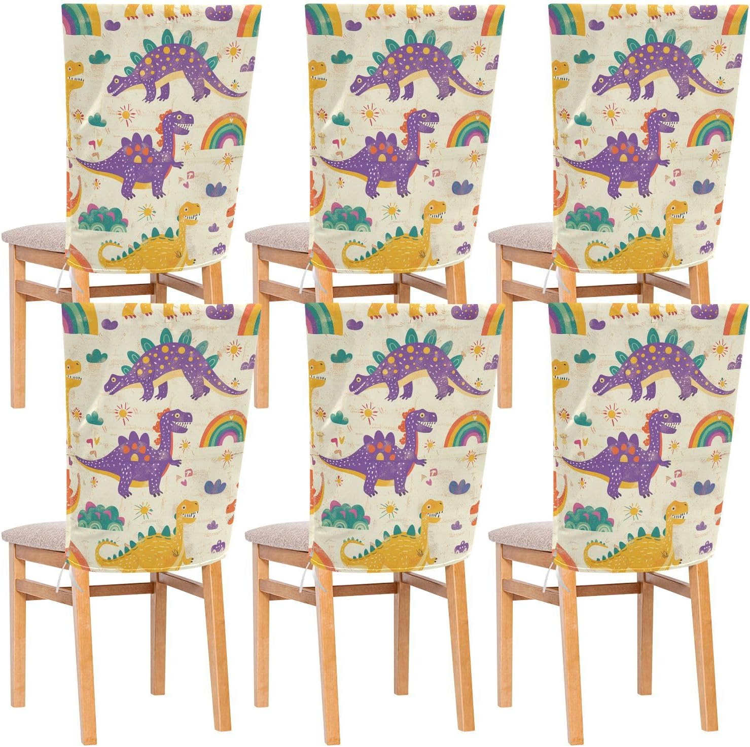 ALAZA Vintage Dinosaur and Rainbow Chair Back Cover Set of 6, Washable Reusable Removable Chair Slipcovers Decorative Chair Cover for Home Kitchen Wedding Party
