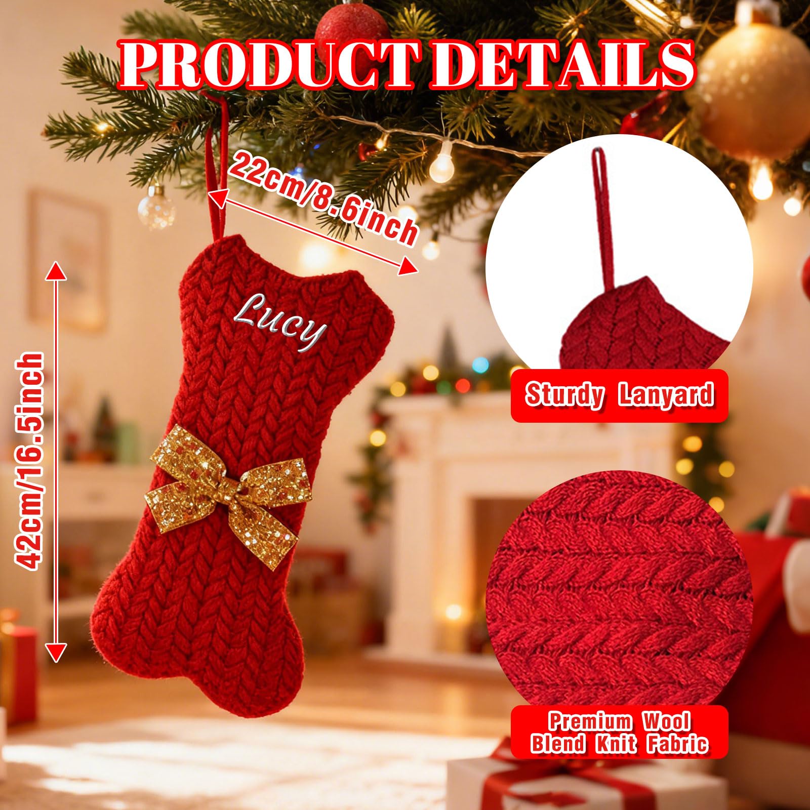 Generisch 4 PCS Personalisiert Weihnachtsstrumpf, Namensstickerei, 42 cm | Knochenförmige Strickware Nikolausstrumpf in Rot, Grün & Weiß, Familien& Haustier Weihnachtsdeko