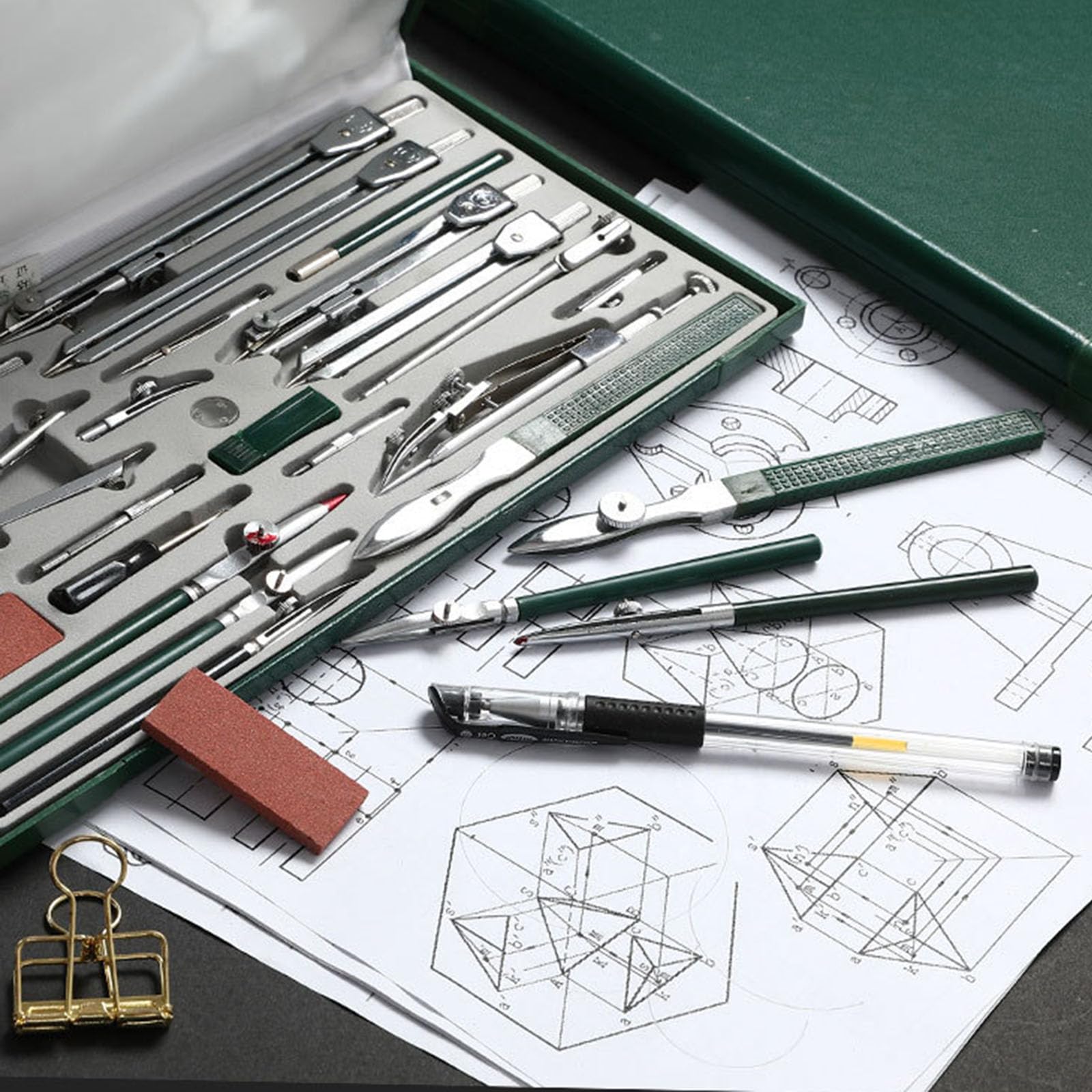 Kit di geometria 23 pezzi, strumenti da disegno professionali per costruzione e ingegneria, ideale per progettisti, disegnatori e marinai per disegnare e creare cerchi