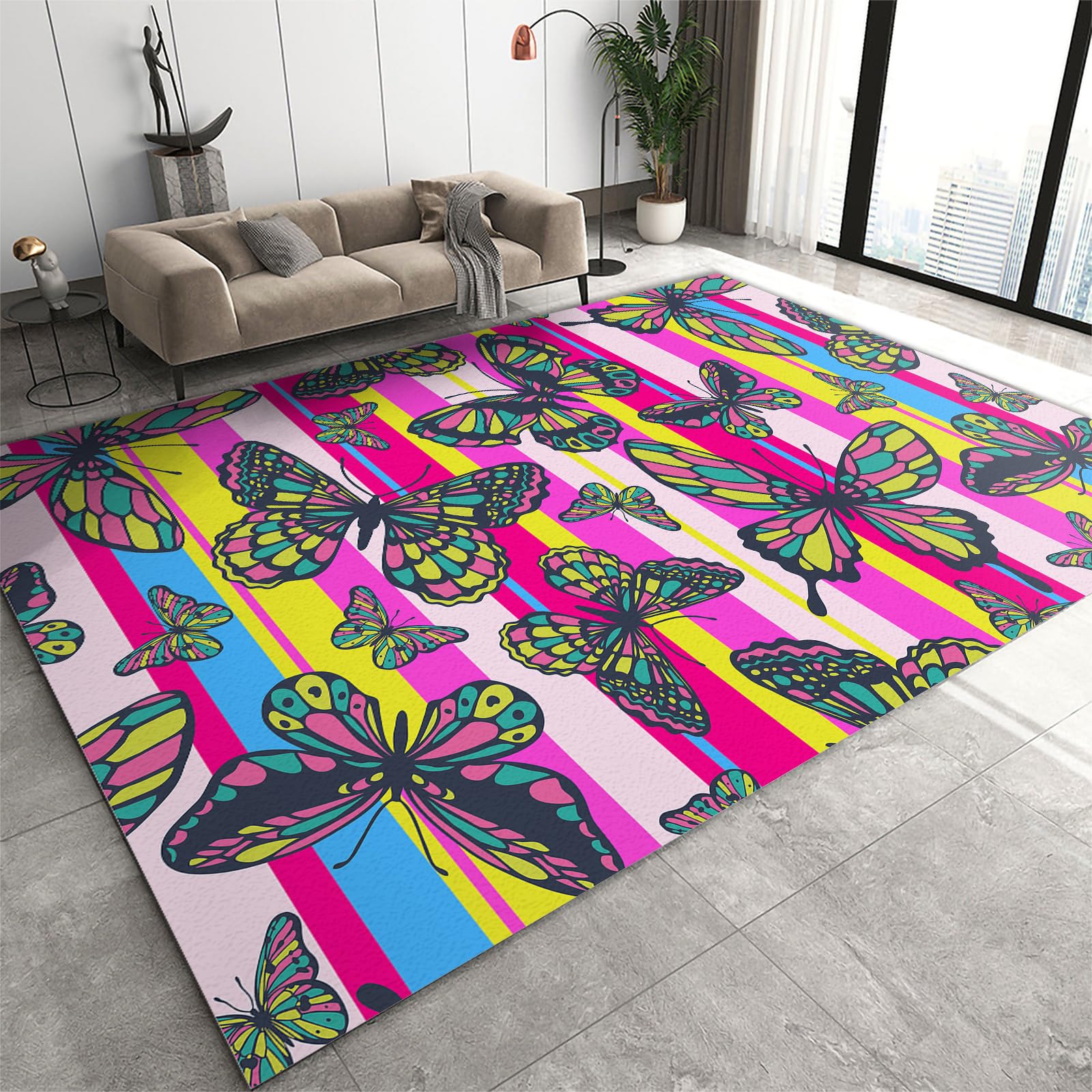 FIEMAR Area Rug 70x120cm Colorful Kids Room Rug Tiles Area Rug, Butterfly Printed Home Decor Area Rug, Classroom Rug Kid and Pet-Friendly Soft Washable Non Slip Easy Care for Laundry Room Study