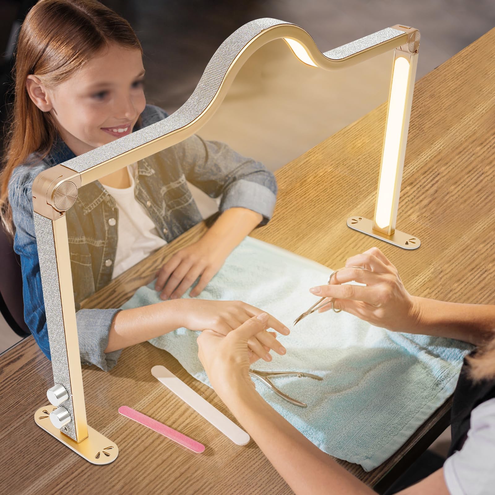 Wimpernlampe Schreibtischlampe Halbmondlampe – Professionelle LED-Lampe 48 W rechteckig 420 LEDs 79 cm für Maniküre Nagelkunst Wimpernverlängerung Tisch Make-up Gold Beleuchtung Variabel