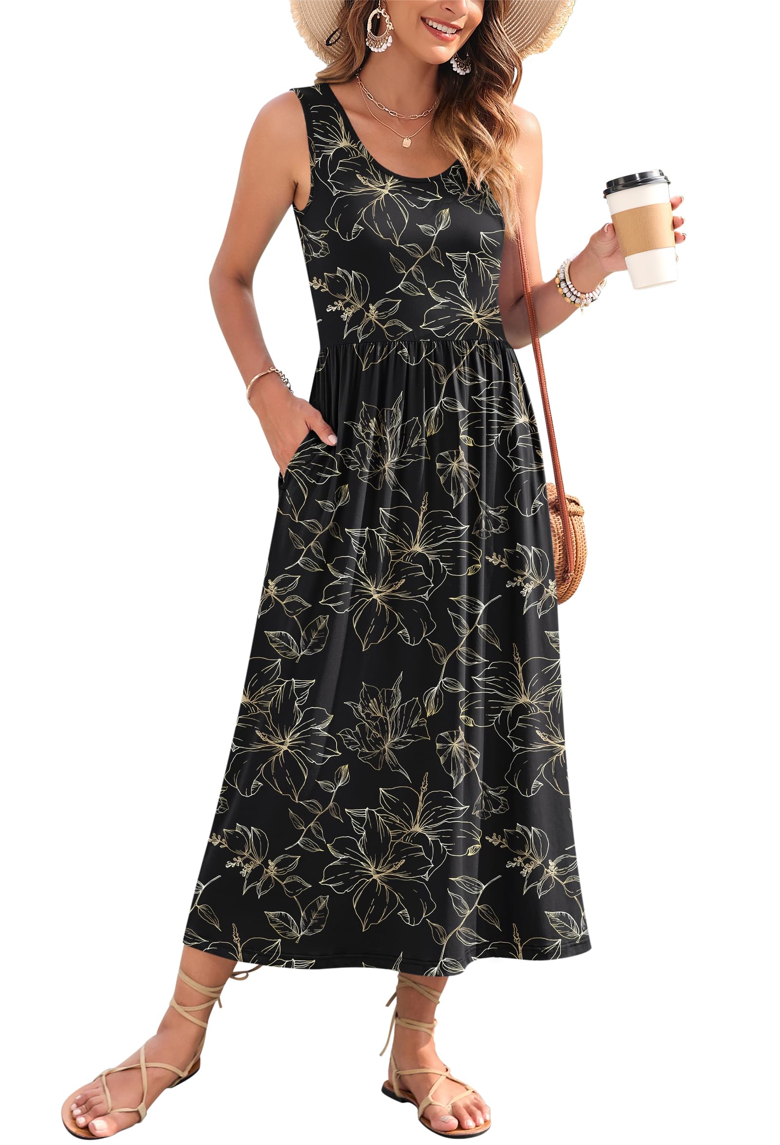 WNEEDU Women's Summer Maxi Dress 2026 Casual Sleeveless Hawaiian Sundress Tropical Long Dress Beach Vacation Outfit