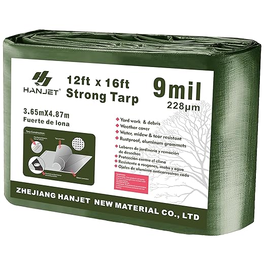 Hanjet Multi Purpose Tarp 12' x 16' 9-mil Thick Waterproof Camping Tents Tarps Poly Tarpaulin Green