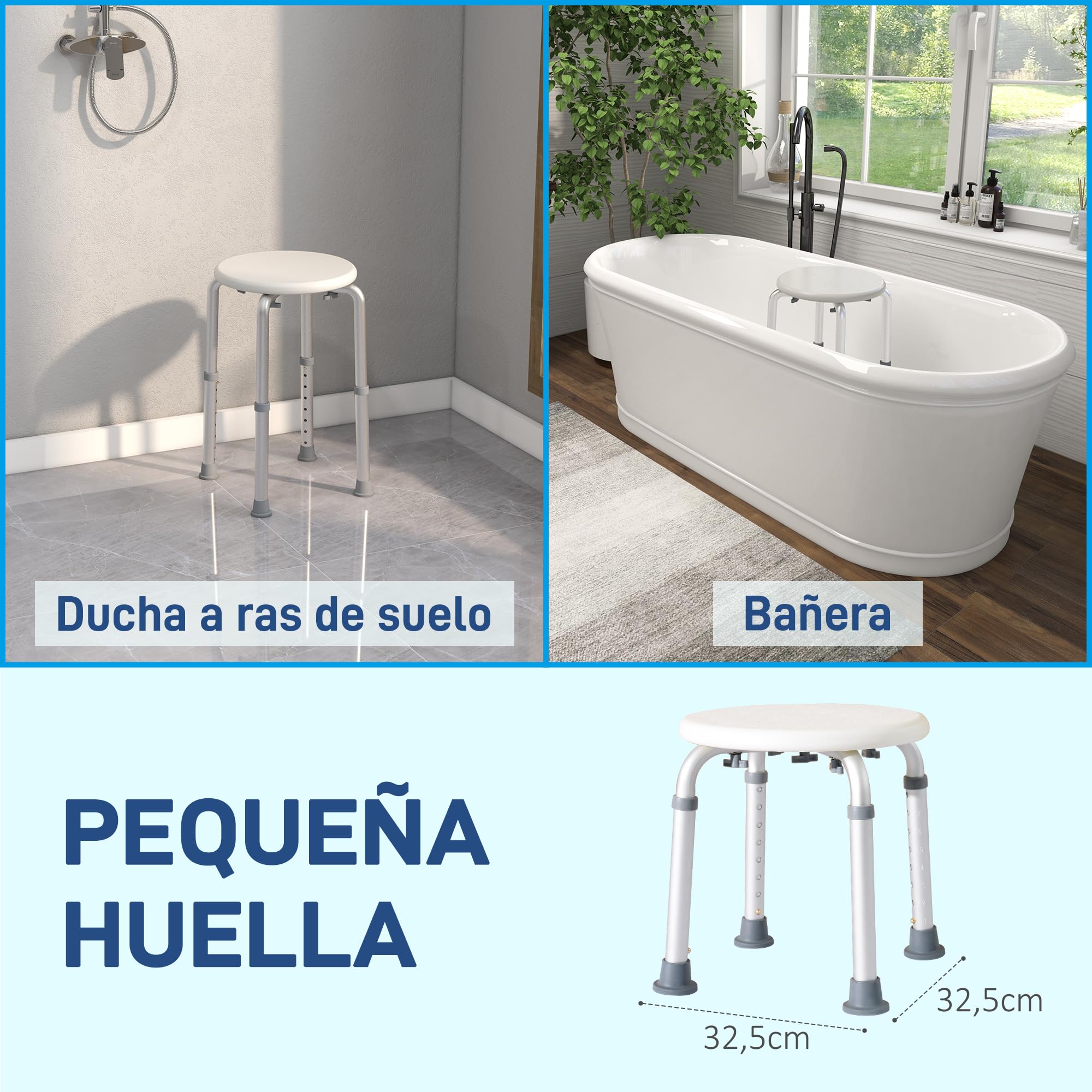 HOMCOM Taburete de Ducha, Silla Ducha Personas Mayores Antideslizante con Altura Regulable, Carga 135 kg, Taburete de Baño para Ancianos y Discapacitados, Blanco