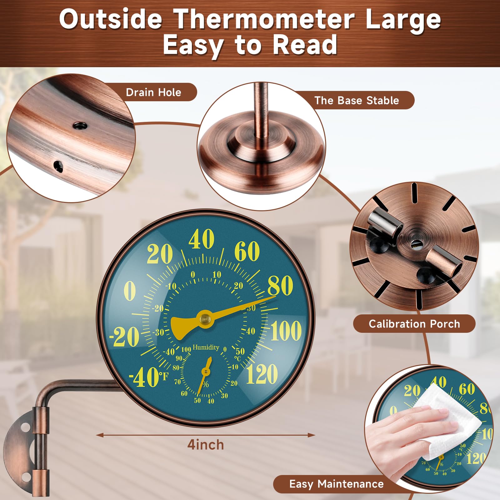 Termómetro para exteriores de 4 pulgadas y medidor de humedad, termómetro analógico de latón con esfera grande azul y verde, Fahrenheit/Celsius, impermeable para patio, jardín, pared interior o