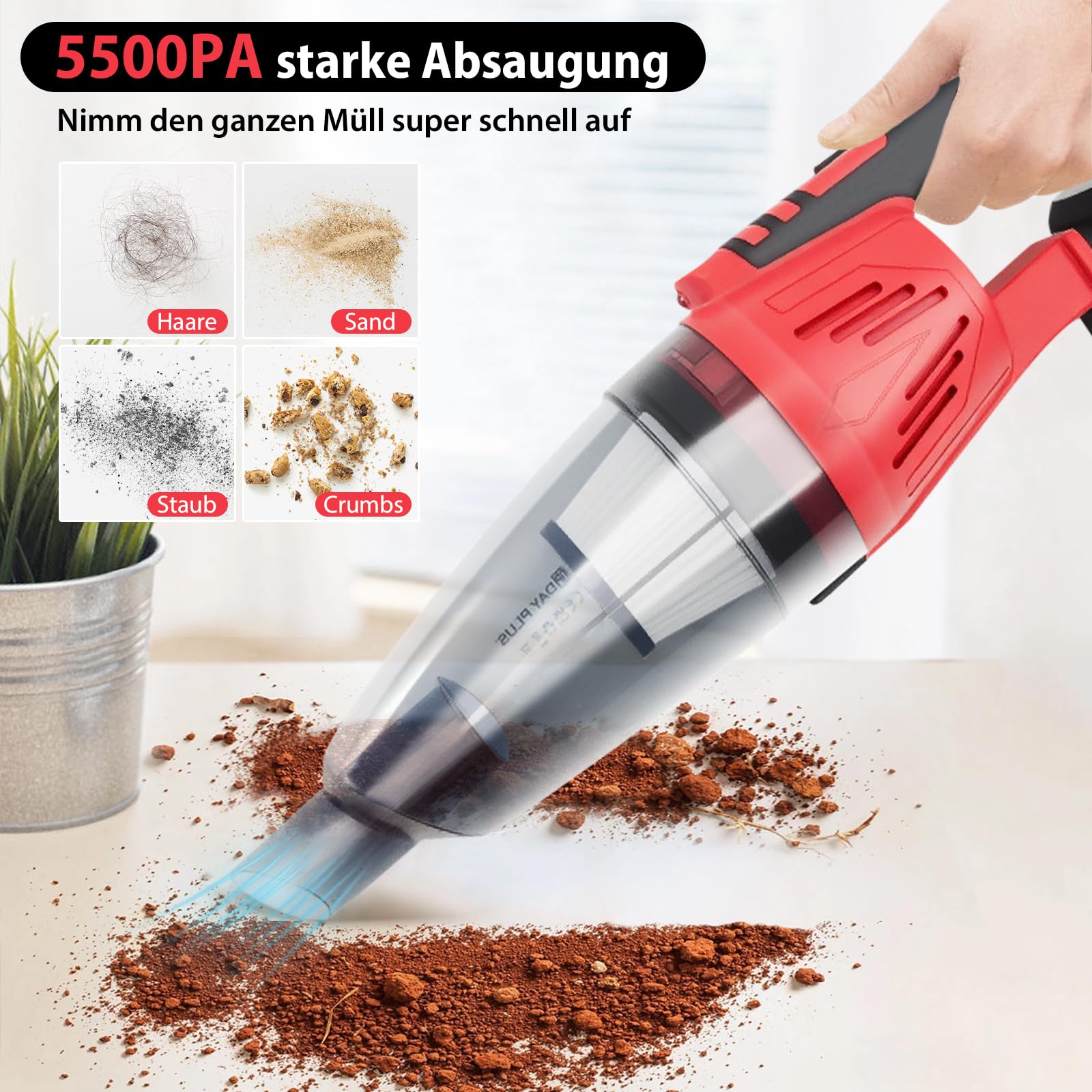 Aspiradora de mano con batería para coche, con 2 baterías de 2200 mAh y cable USB, depósito de polvo de 0,6 L, recargable, aspiradora de mano para coche, casa, cocina, pelo de animales