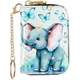 Credit Card Holder for Women, RFID Card Holder Wallet - Slim Leather Zipper Card Case - Ladies Small Keychain Wallets (Cute Elephant Butterflies)