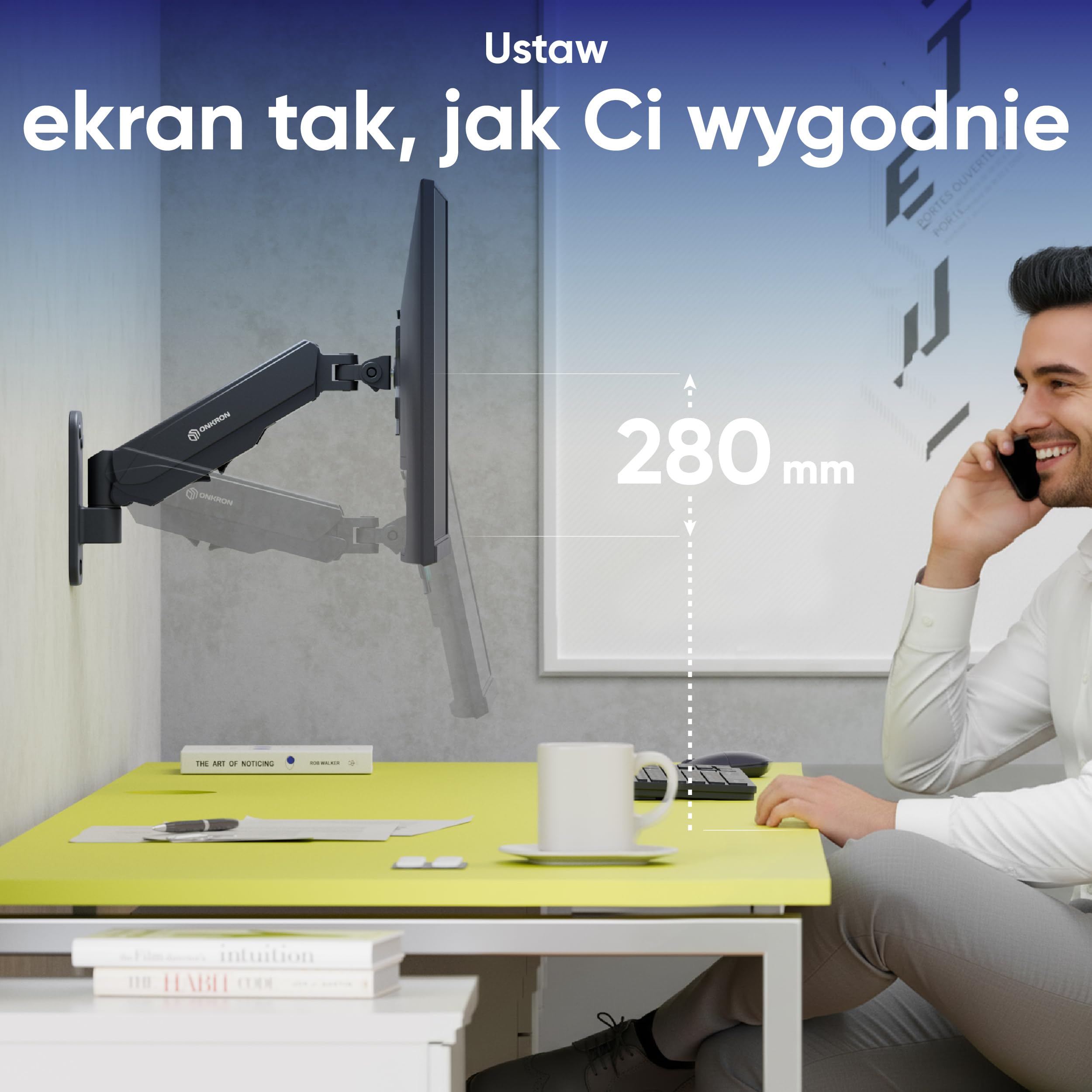 ONKRON Uchwyt Ścienny do Monitora 13"-34", Maks. Nośność 8 kg, Ramię Gazowe z Regulacją Wysokości, VESA 75x75-100x100, Obrót 360°, Pełna Regulacja Monitora, Kanał na Kable, Czarny G120-B