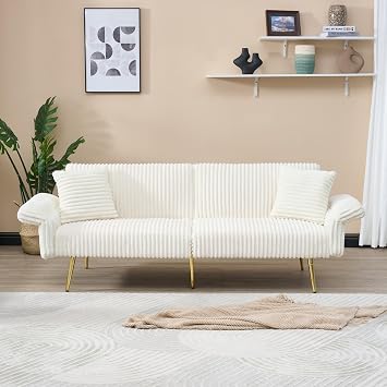 79 White Corduroy Futon Sofa Bed, Convertible Folding Sleeper Couch Bed with Adjustable Backrest and Armrests, Modern Loveseat Sofa for Small Spaces Living Room