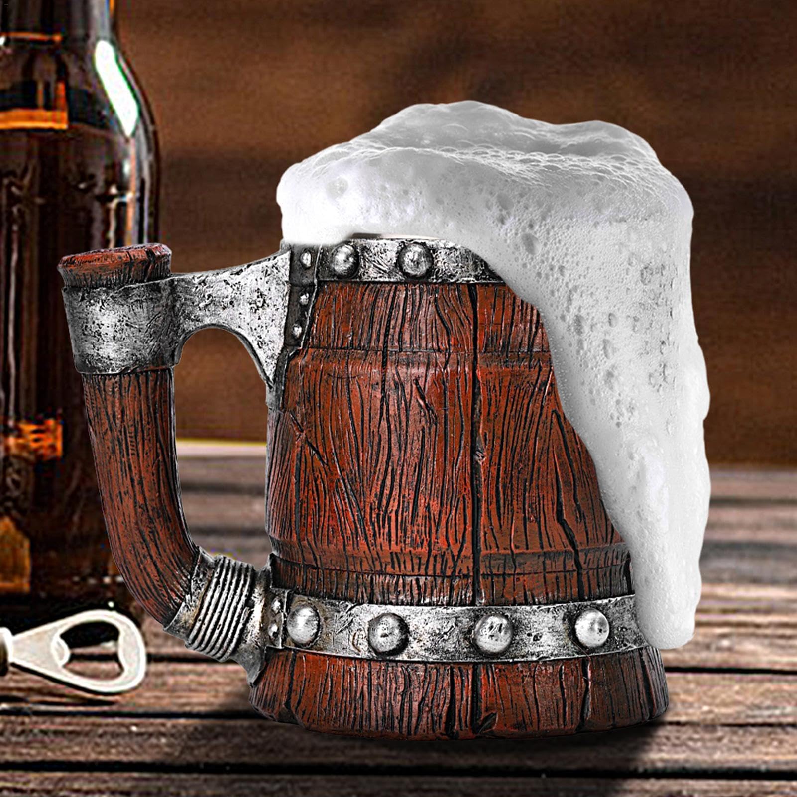Chope à Bière En Tonneau Bois - 600ml, Double Paroi Inox, Poignée, Style Vintage Pour Bar, Cadeau