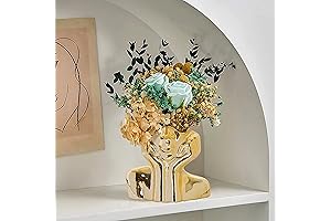 Elegant White and Gold Living Room Decor: Flower Vase with Intricate Face Design