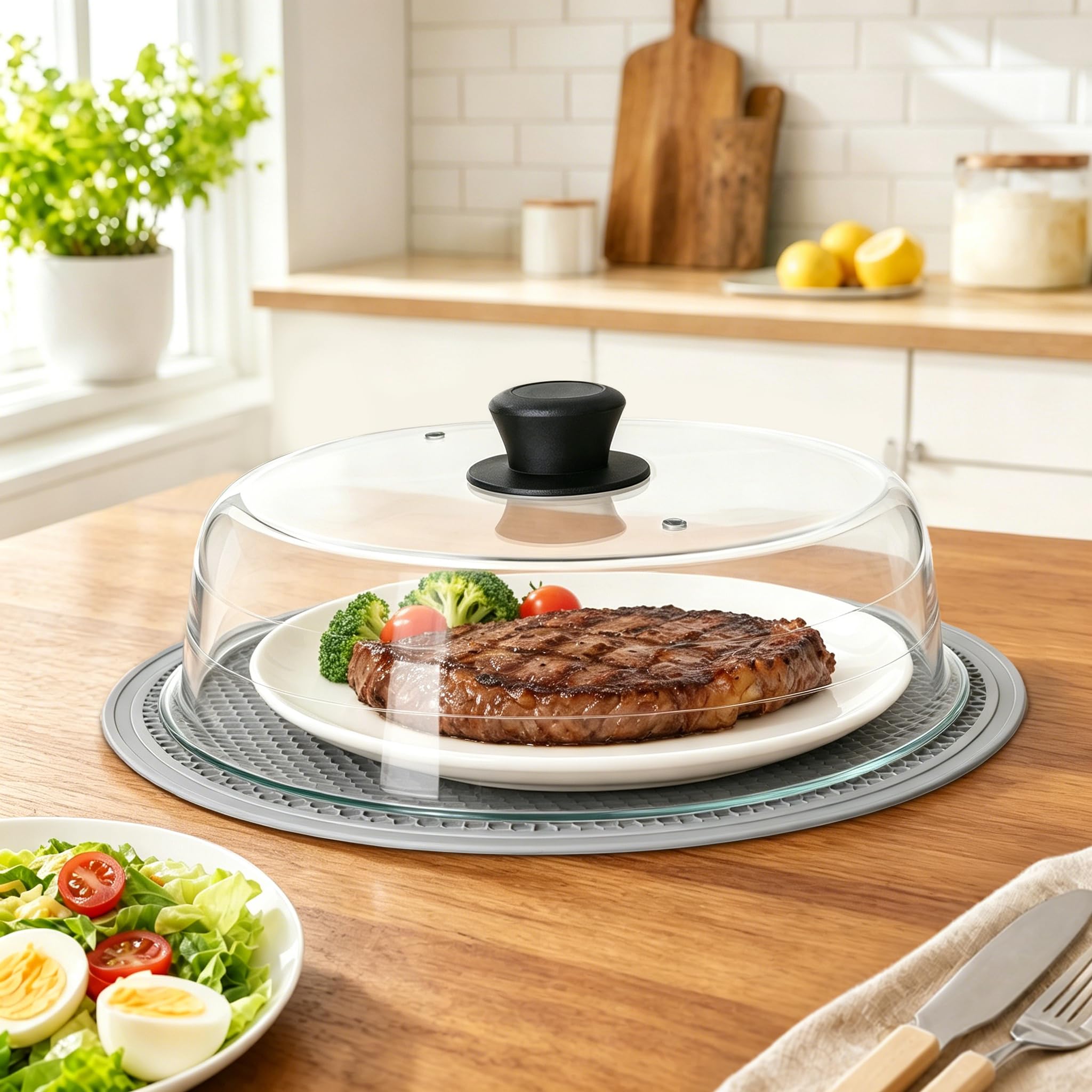 YBCPACK Mikrowellen Abdeckung Glas mit Silikonmatte, 26,5 cm Abdeckhaube Mikrowelle mit Griff – BPA-freier Microwave Cover für Lebensmittel (Spülmaschinenfest)
