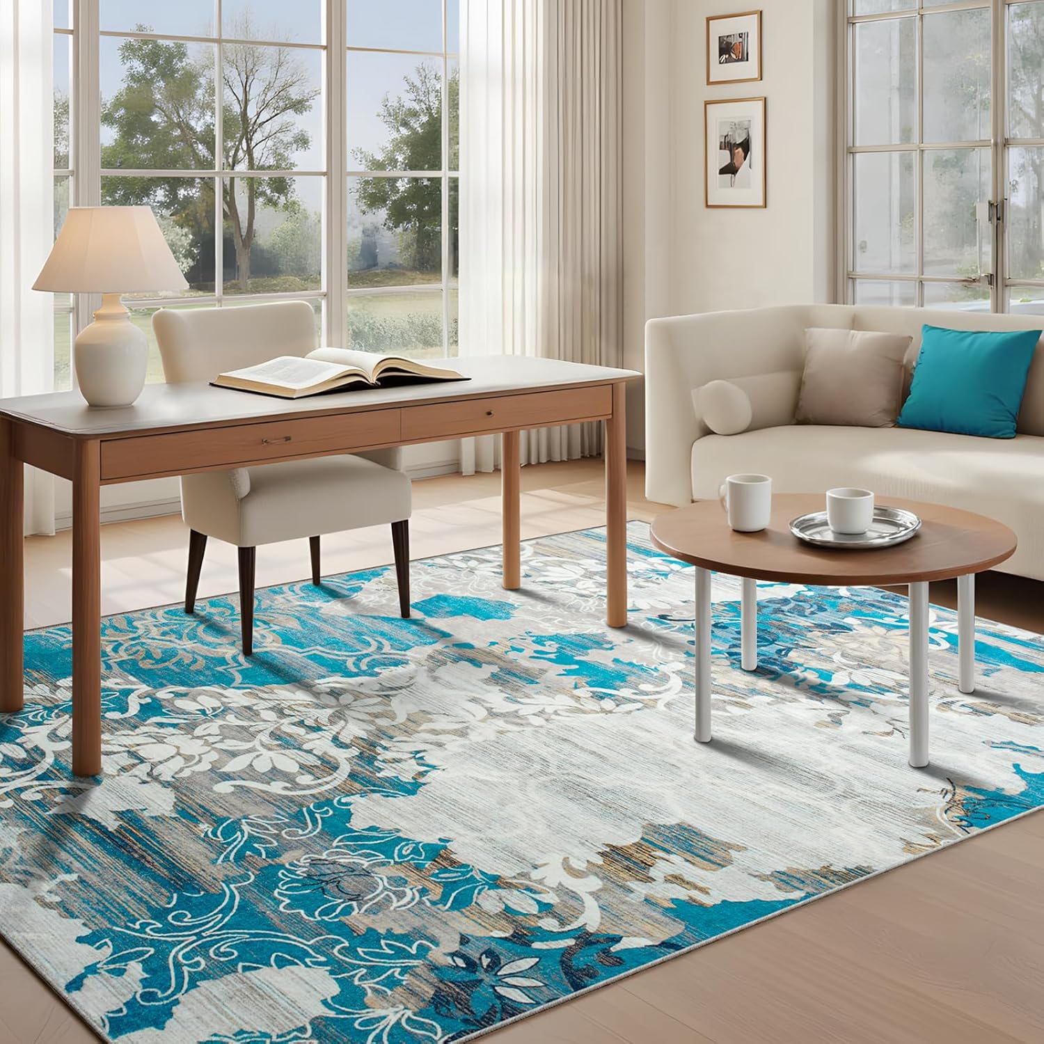 CRYPTOLITE Abstract Area Rug Washable Rug with Non-Slip Backing Low Pile Area Rugs for Living Room, Bedroom, Dining Room,4x6, Blue