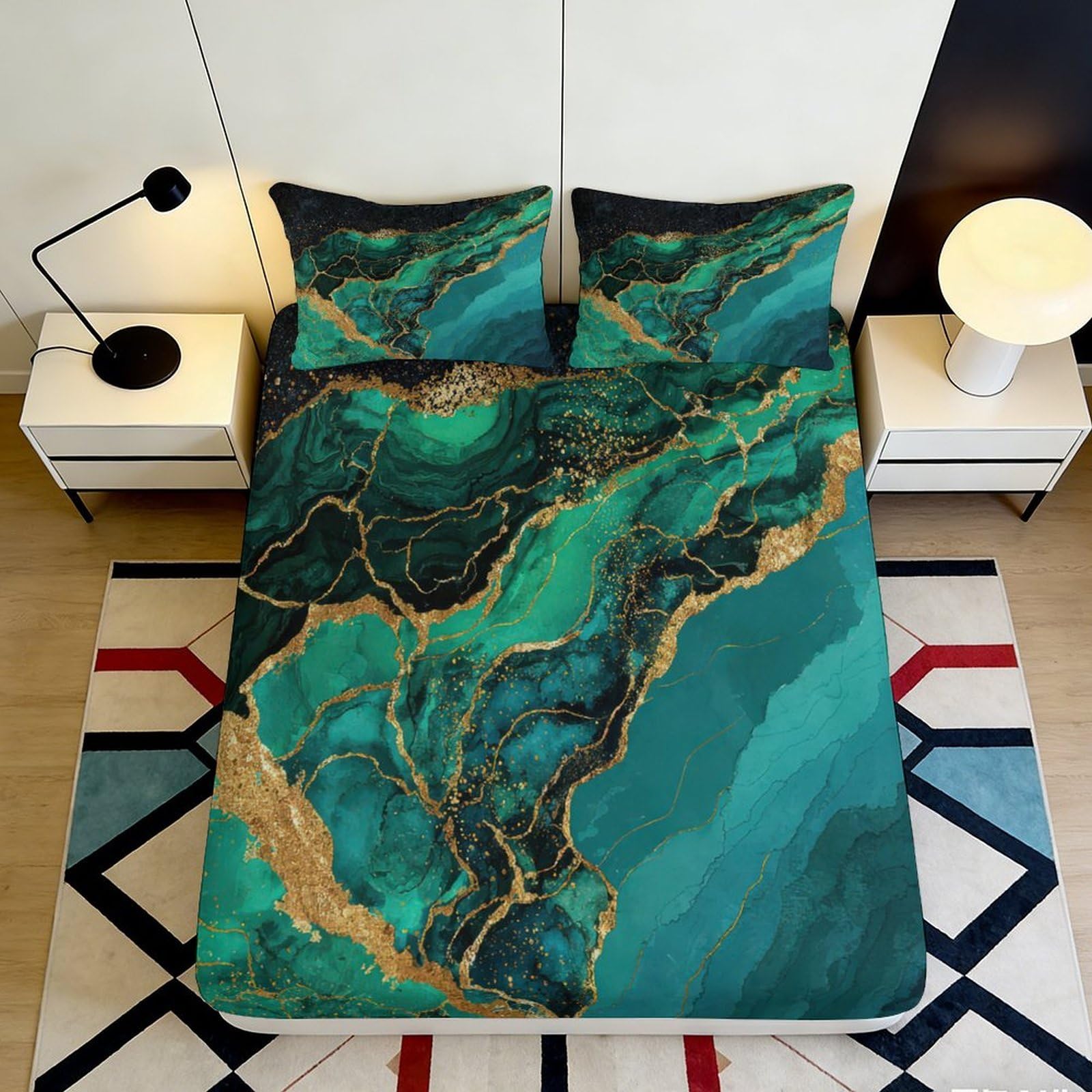 3D Printed Green Marble Fitted Sheet Microfiber Soft Durable Abstract Gold Vein Bed Cover for Bedroom Dormitory Guest Room Mattress Protection 160x200x25cm