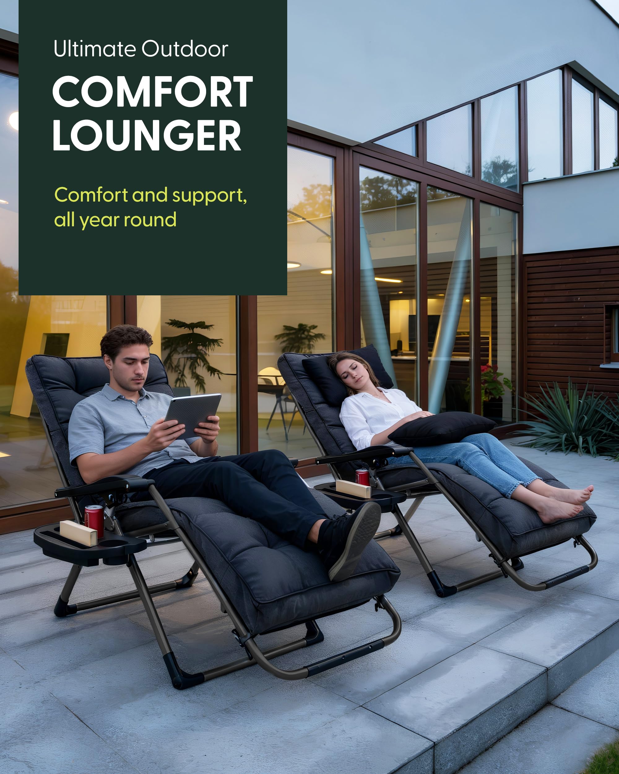KEPLIN Square Tube Gravity Chair with Cushion 1 Pack – Extra Wide 72cm Zero Gravity Reclining Garden Chair, Reinforced Frame Supports 150kg, Locking System, Cup Holder, Foldable Sun Lounger — view 9