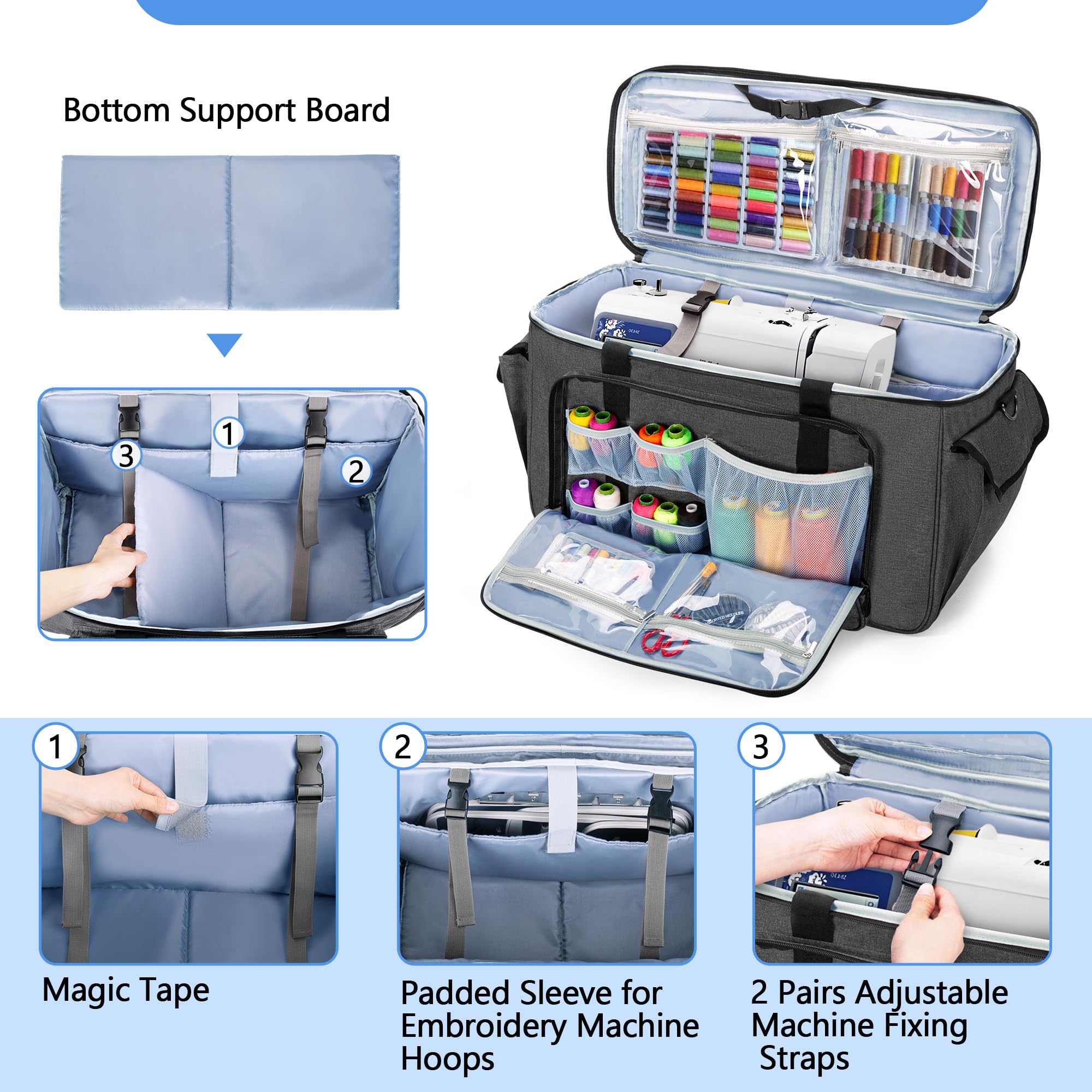 CURMIO Borsa da Trasporto per Macchine da Cucire per Ricamo con Ruote e Pannello di Supporto Inferiore, Adatto per i Corsi di Cucito, per la Conservazione in Casa, Grigio