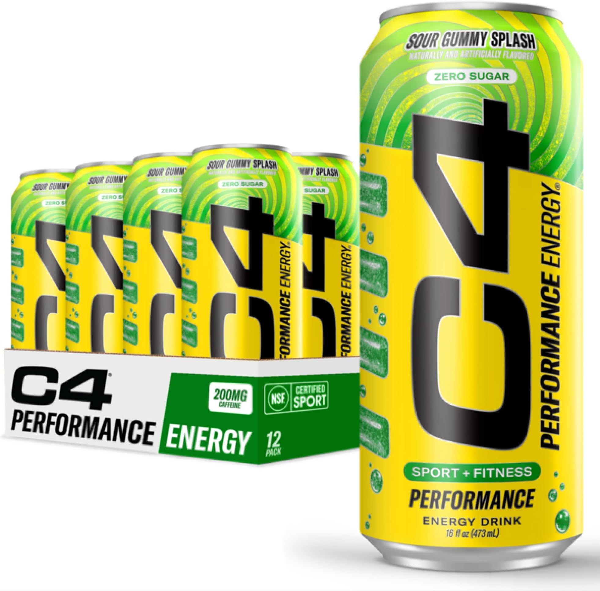 C4 Energy Carbonated Zero Sugar Energy Drink, Pre Workout Drink + Beta Alanine, Sour Gummy Splash, 16 Fl Oz (Pack of 12)
