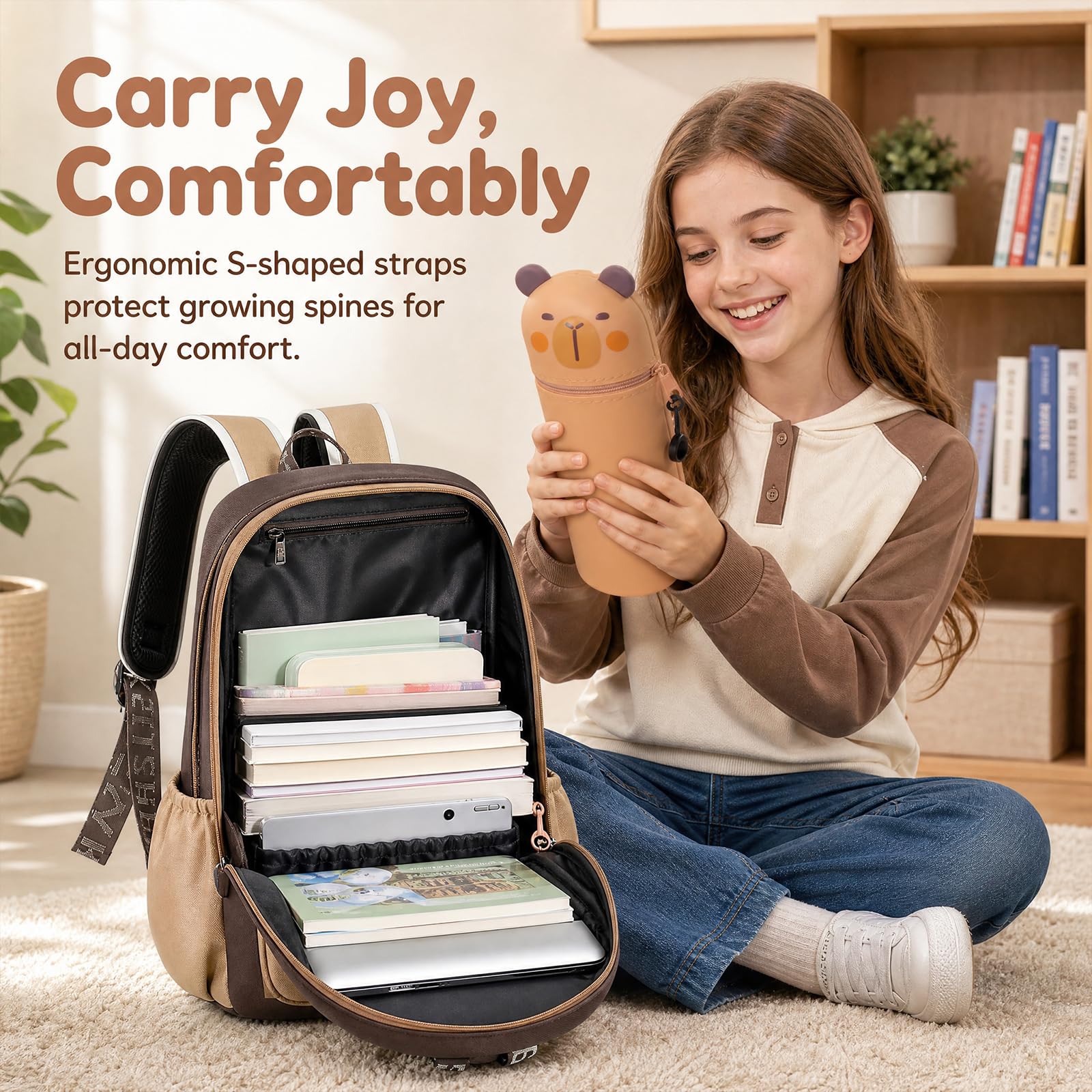 Mochila Infantil Capybara con Estuche y Bolígrafos Borrables, Marrón 1