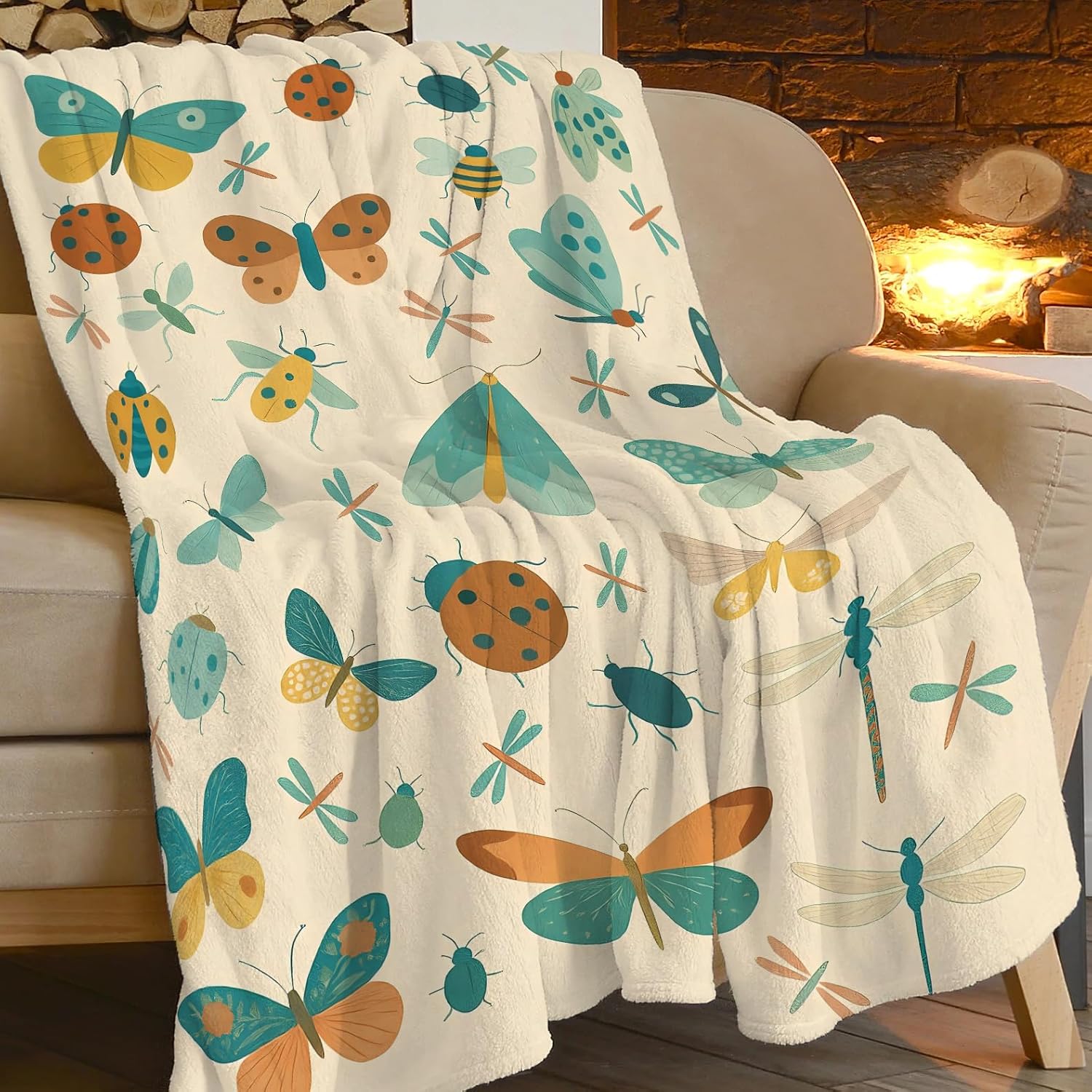 Colorful Insect Bugs Throw Blanket Moth Beetle Dragonfly Blanket Soft Cozy Fleece Fuzzy Plush Warm Stuff Animal Bedding Bugs Insects Blankets Gift for Boys Girls Kids Adult Men Women 40"X50" - Image 3