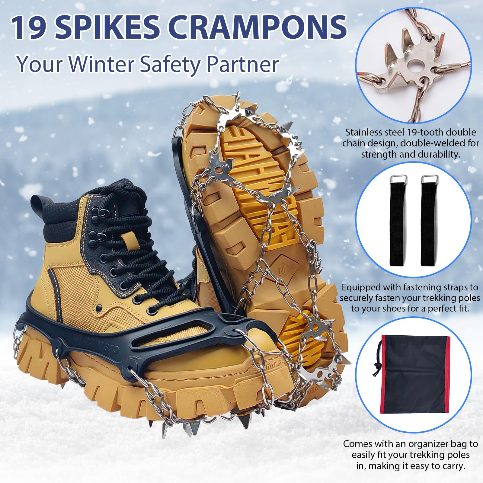 Crampones Antideslizante, Crampones para Botas de Senderismo, Garras de Zapatos con 19 Picos Antideslizantes, crampones de Nieve para Caminar, Alpinismo en Invierno y Senderismo