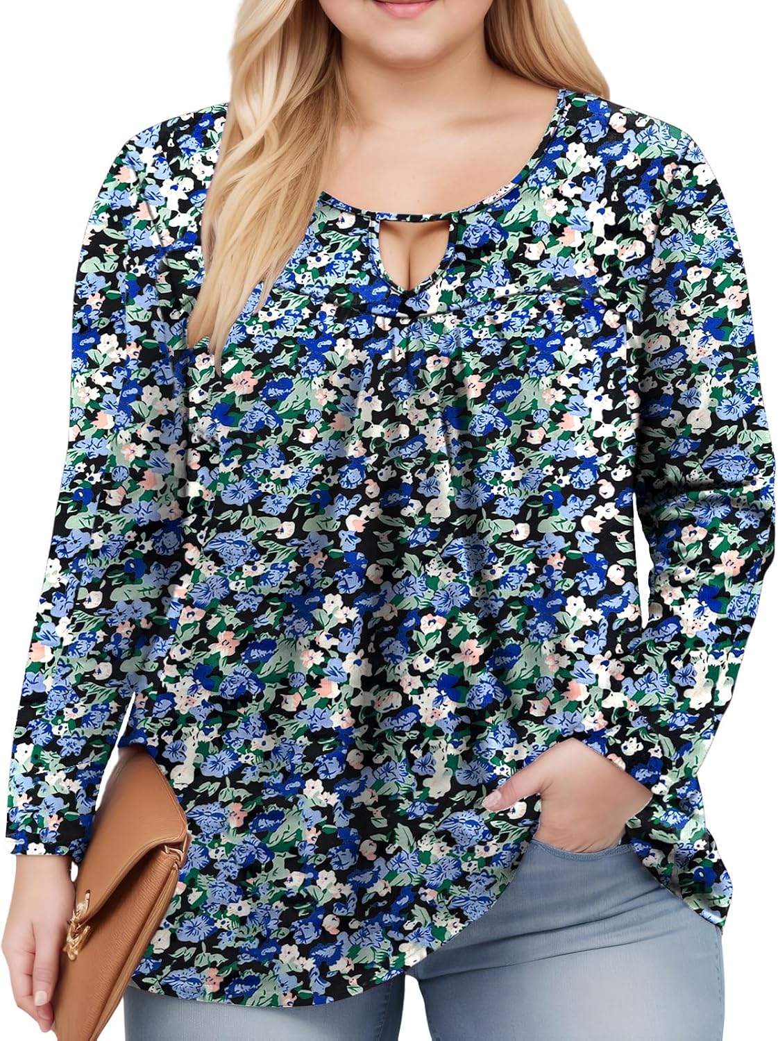 VISLILY Womens-Plus-Size-Dressy-Tops Trendy Keyhole Crewneck T Shirts Casual Long Sleeve Tunics Flowy Pleated Blouses XL-5XL