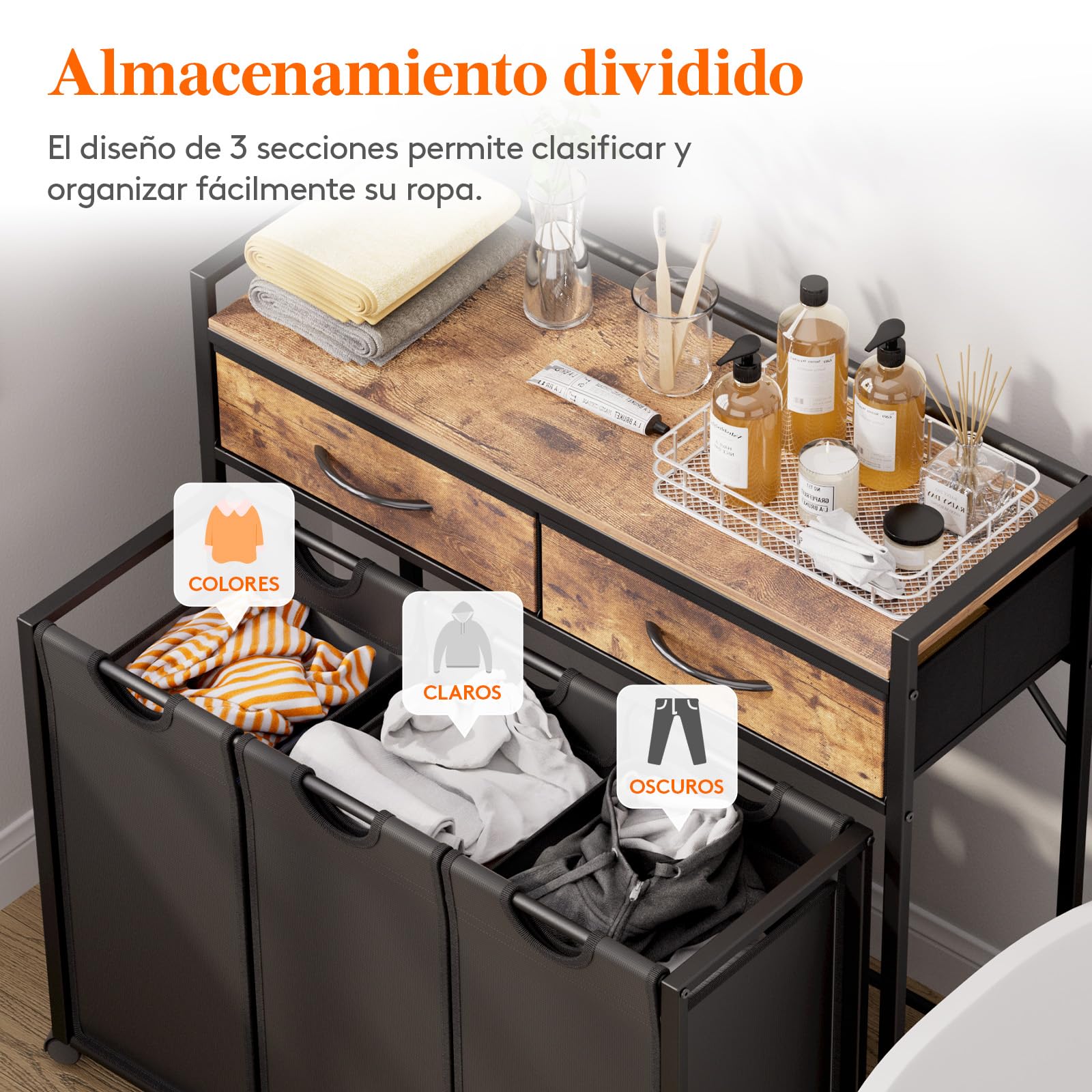 Lifewit Cesto Ropa Sucia con 3 Compartimentos, Grande Laundry Basket 135L con Estantes y 2 Cajones, Almacenamiento de Cesta con Ruedas y Bolsa Extraíble para Baño Lavandería, Marrón Rústico y Negro