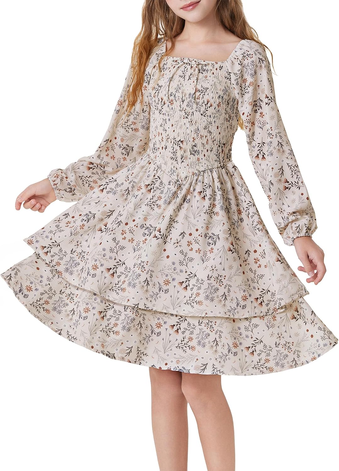 HOZIY Girls Fall Dresses Long Sleeve Floral Dress for School Holiday Casual