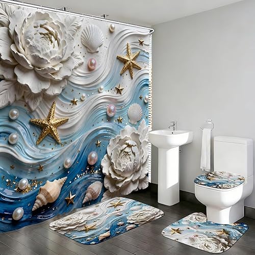 DDQQ Cortinas de ducha con moquetas con ondas 3D y estrellas de mar con alfombras, conchas y detalles de perlas, juego de baño con cortina de ducha