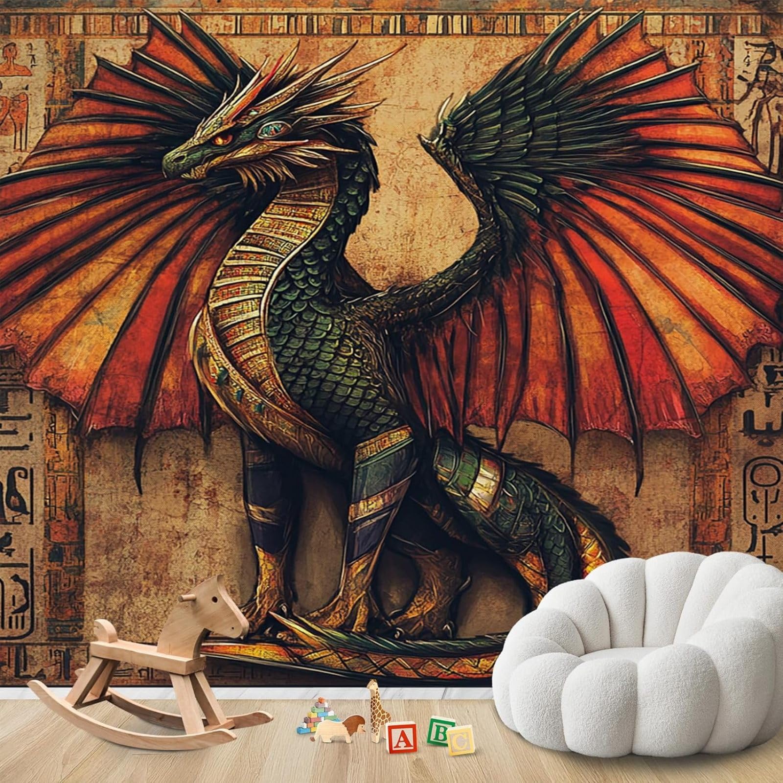 Fototapeta ze smokiem, do sypialni, 3D, vintage, egipska włóknina, brązowa, zielona, fantazja, smok, dekoracja ścienna, salon, pokój dziecięcy, tapeta wzorzysta, 150 cm x 105 cm, naklejka ścienna