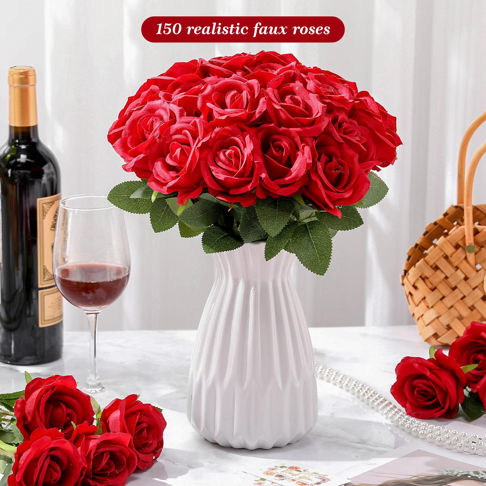 Tigeen 150 rose artificiali sfuse, rose in seta finta, realistiche, a stelo lungo, bouquet di fiori per matrimoni, centrotavola, composizioni floreali, decorazione per la casa e la cucina (rosso