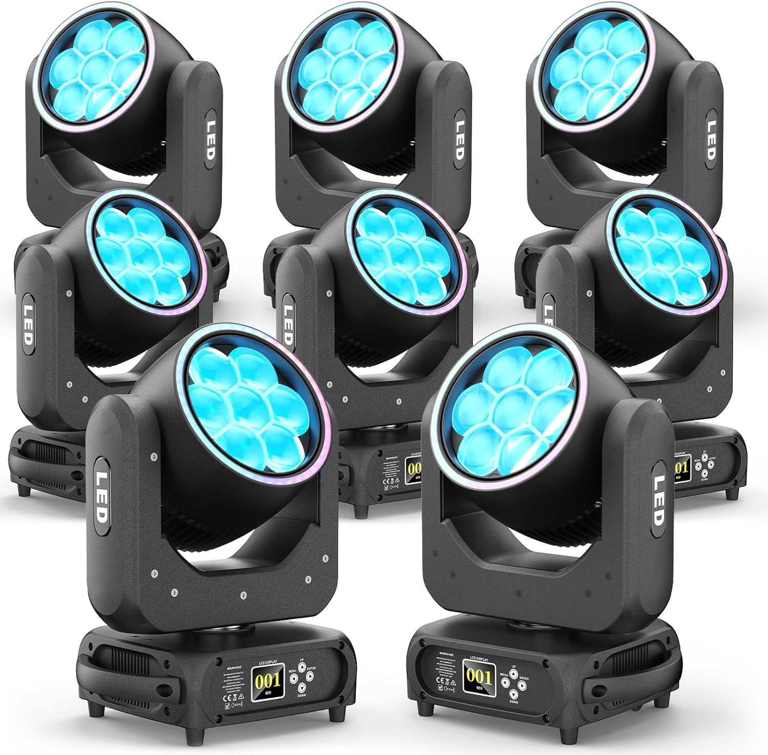 8PCS Moving Head Light 7x40W LED with Wash Beam Vortex Kaleidoscope Effect RGBW 4 in 1Color Bee Eye Focus DJ Light by DMX and Sound Activated Control for Concert Hall Theater Stage Lighting Effect