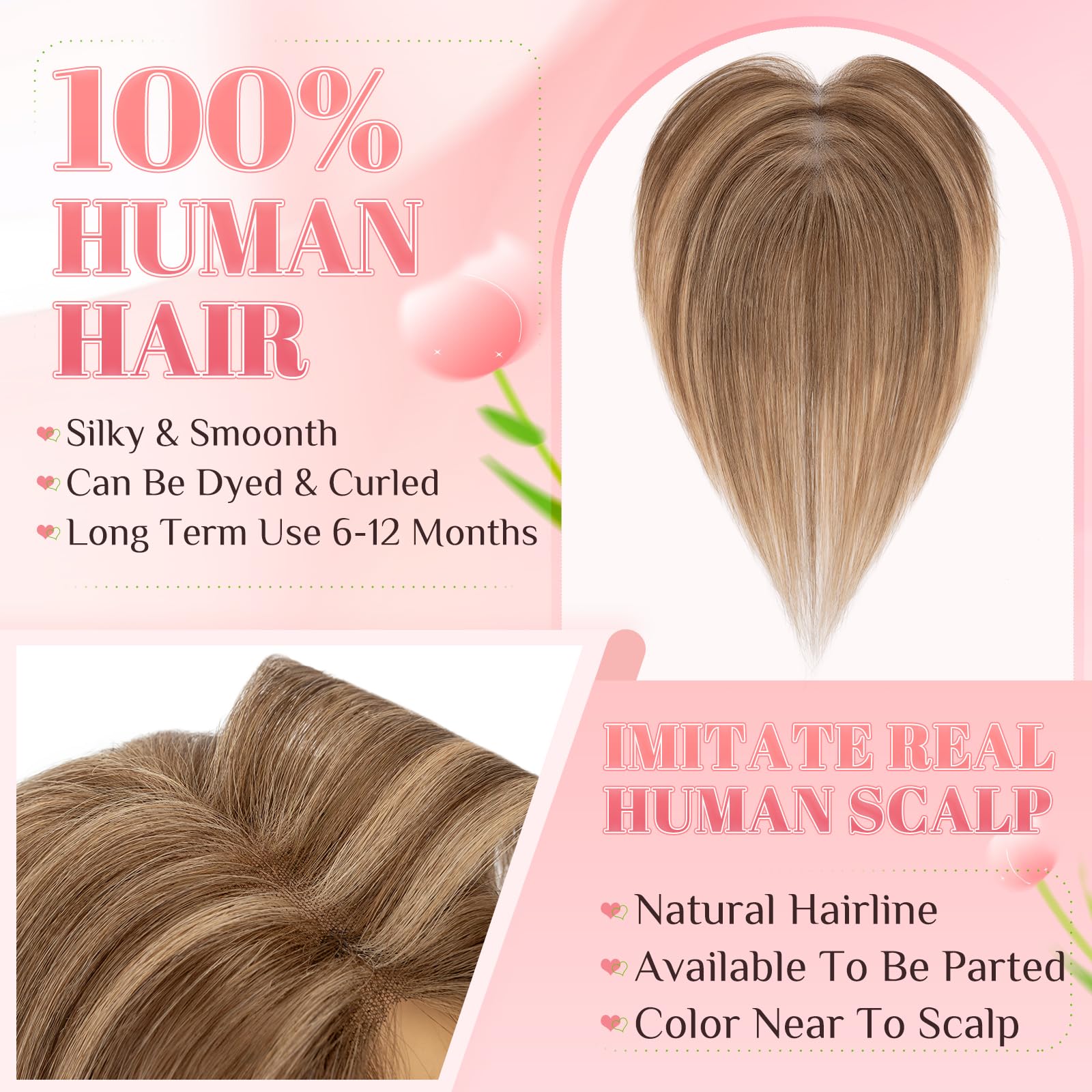 Elailite Protesis Capilar Pelo Natural Clip Mujer Marrón Medio Mecha Rubio Oscuro, 27.5cm 21g Capilares Cabello Humano Silk Lace 5cm*11cm #4P27